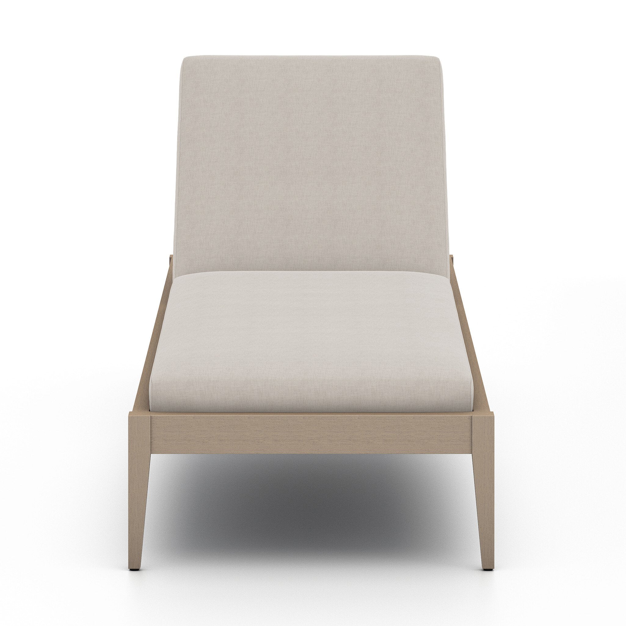 Beige Grey outdoor chaise with wooden frame on a white background