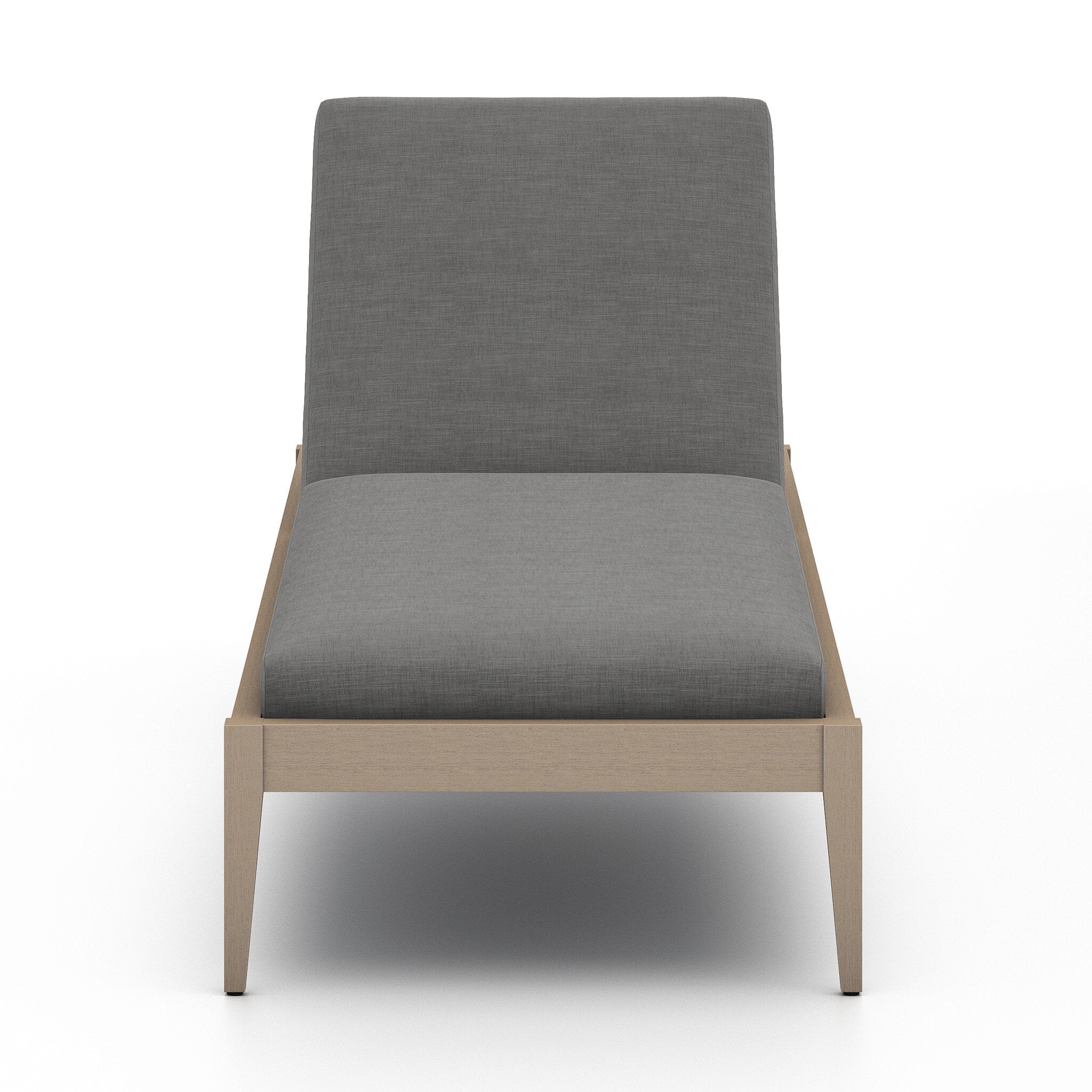 Gray upholstered outdoor lounge chaise with wooden frame on a white background