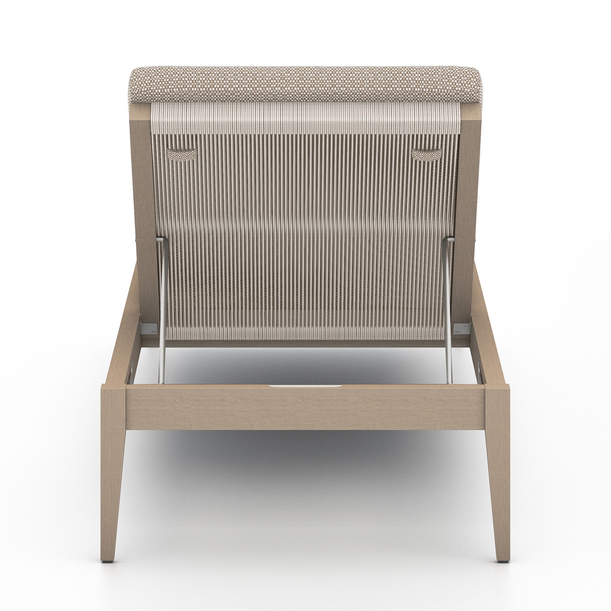 Beige outdoor lounge chair with woven backrest on a white background