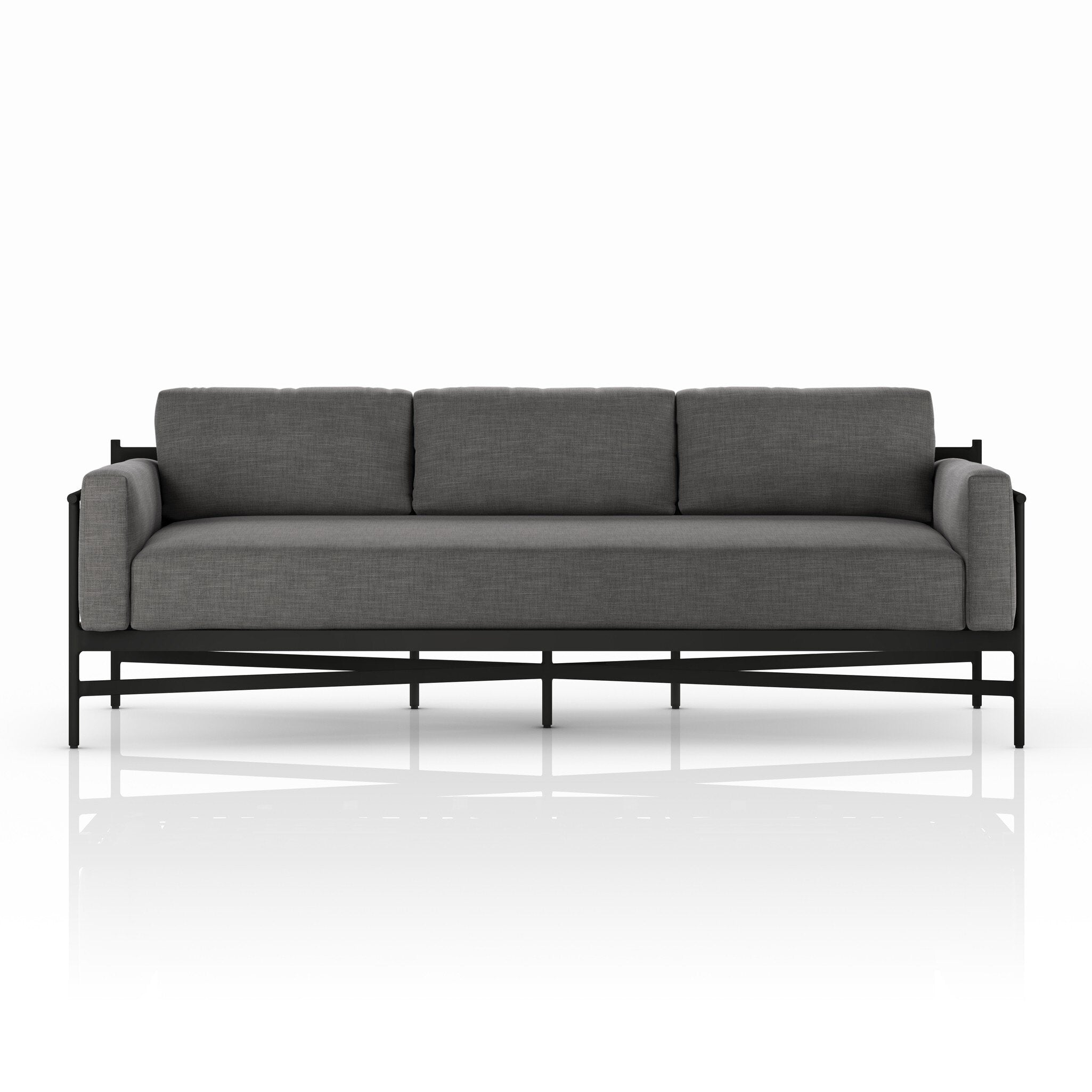 Gray outdoor sofa with black metal frame on a white background