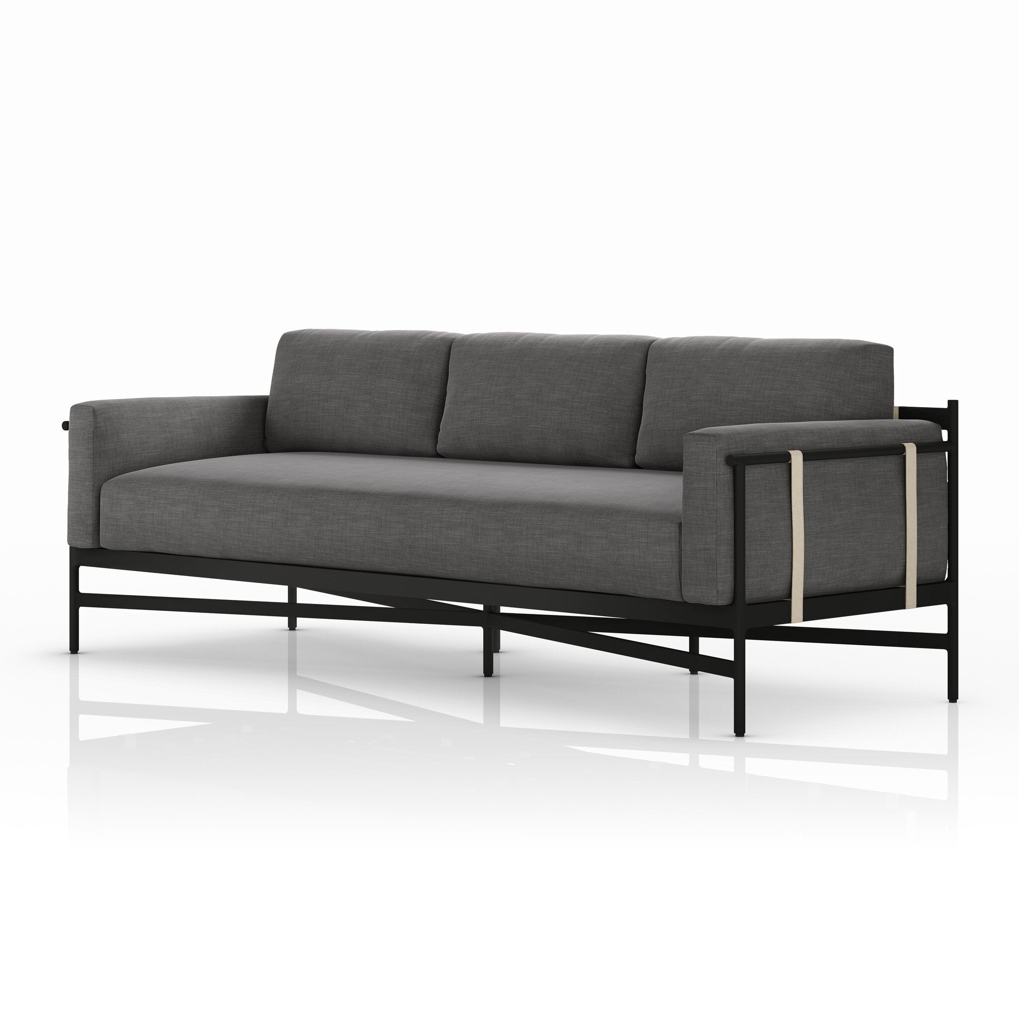 Gray outdoor sofa with black metal frame on a white background
