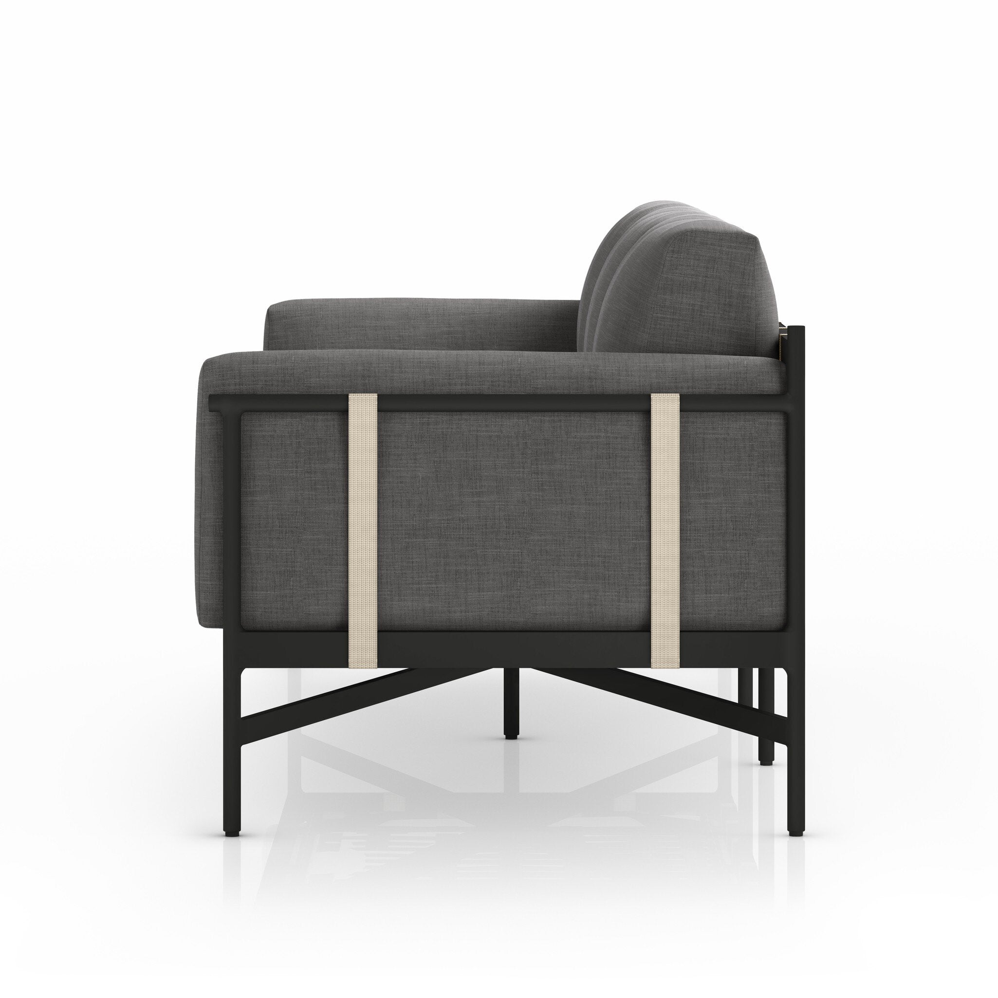 Gray outdoor sofa with black metal frame on a white background
