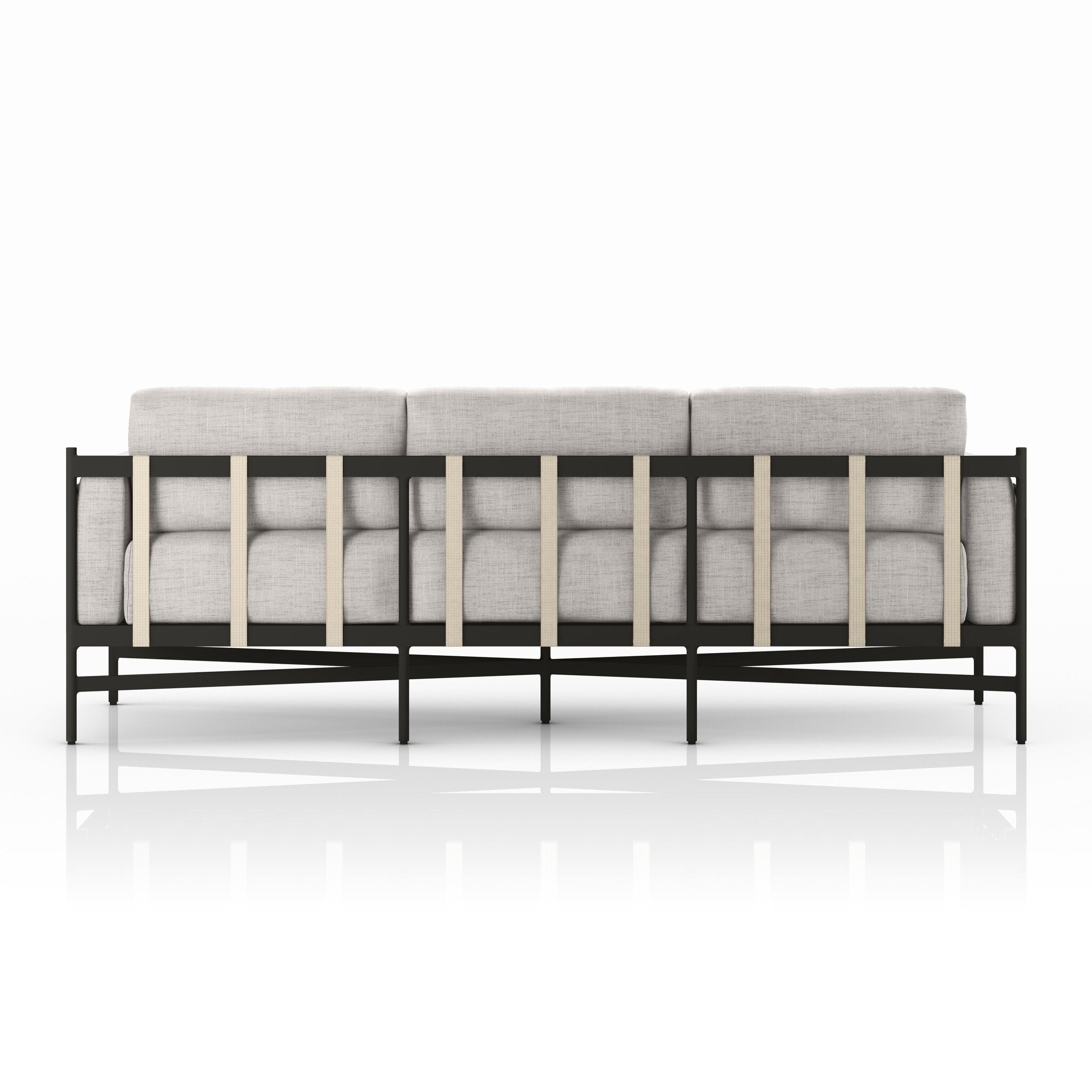 Modern sofa with black frame and gray cushions on a white background
