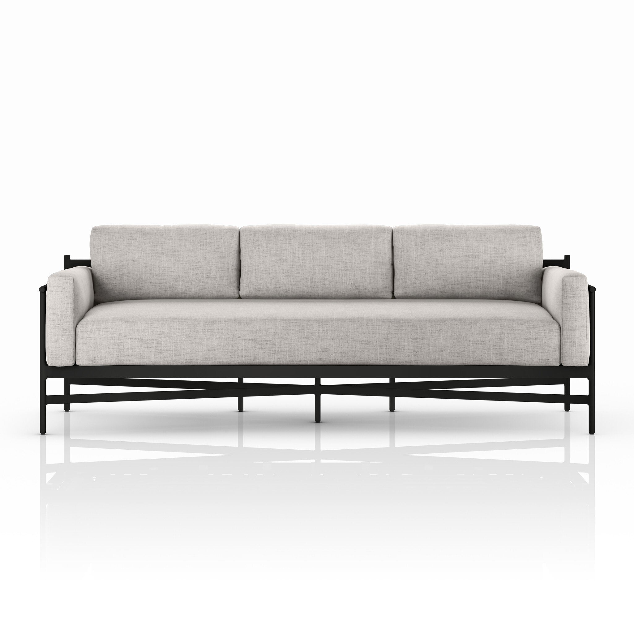 Gray sofa with black metal frame on a white background