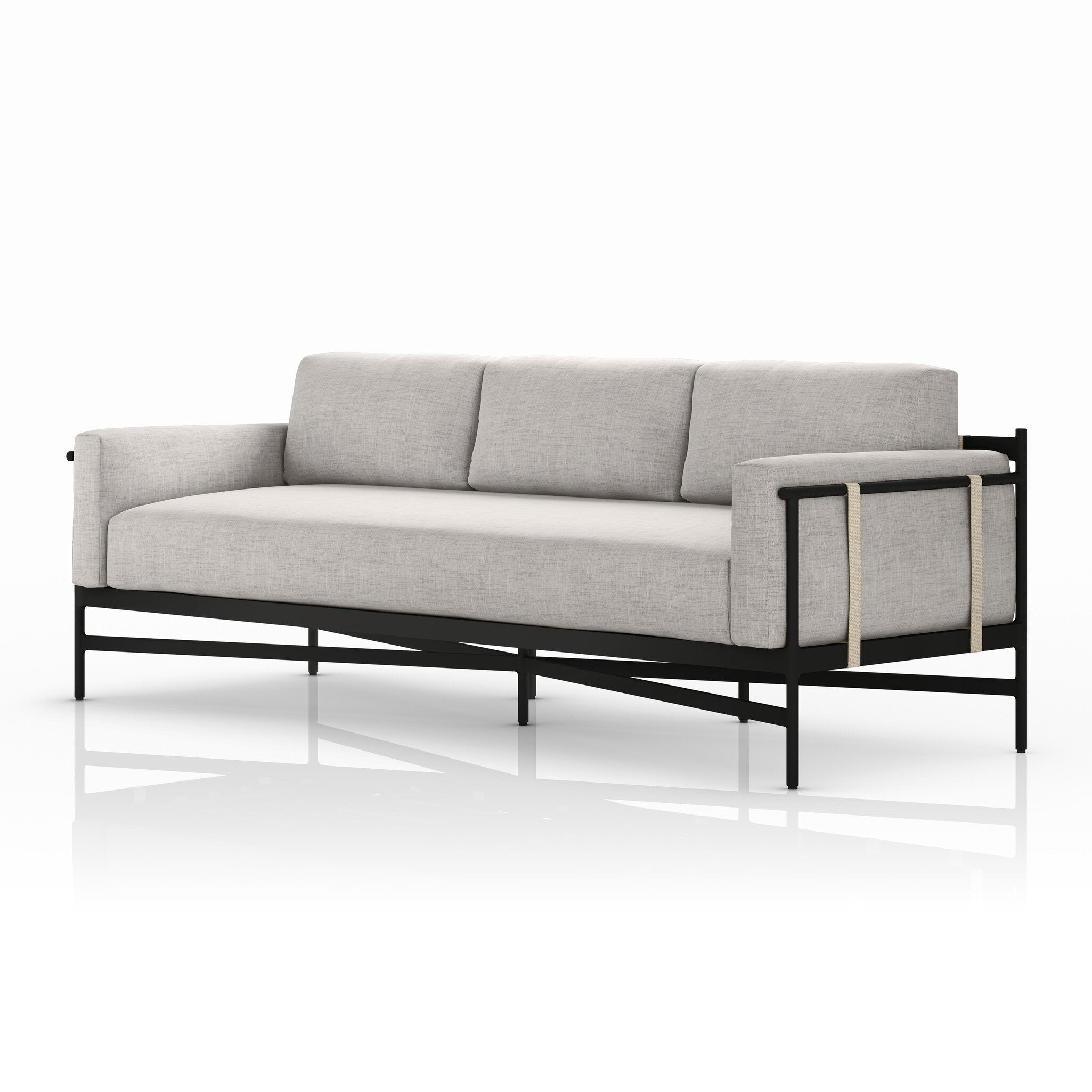 Gray sofa with black metal frame on a white background