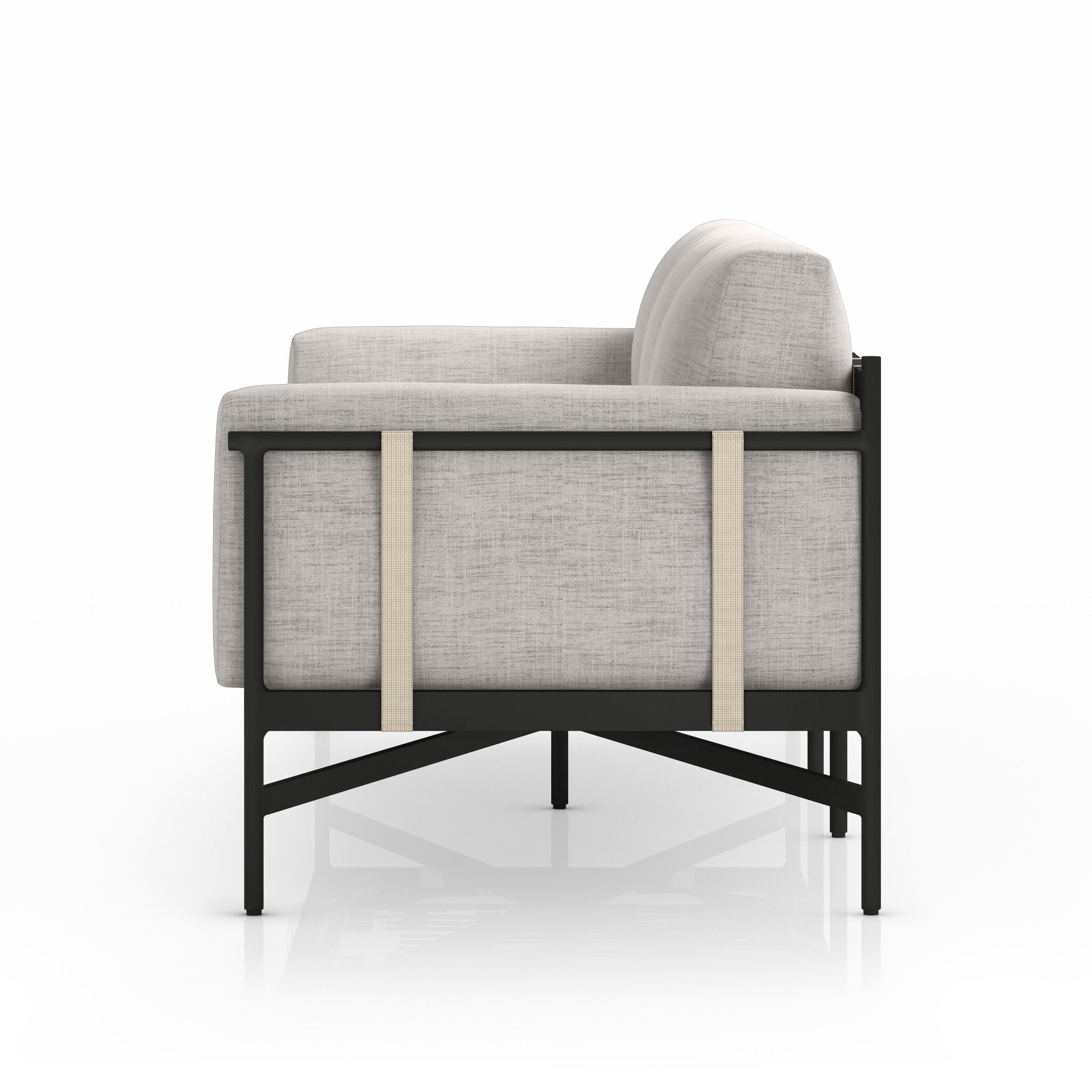 Gray upholstered chair with black metal frame on a white background