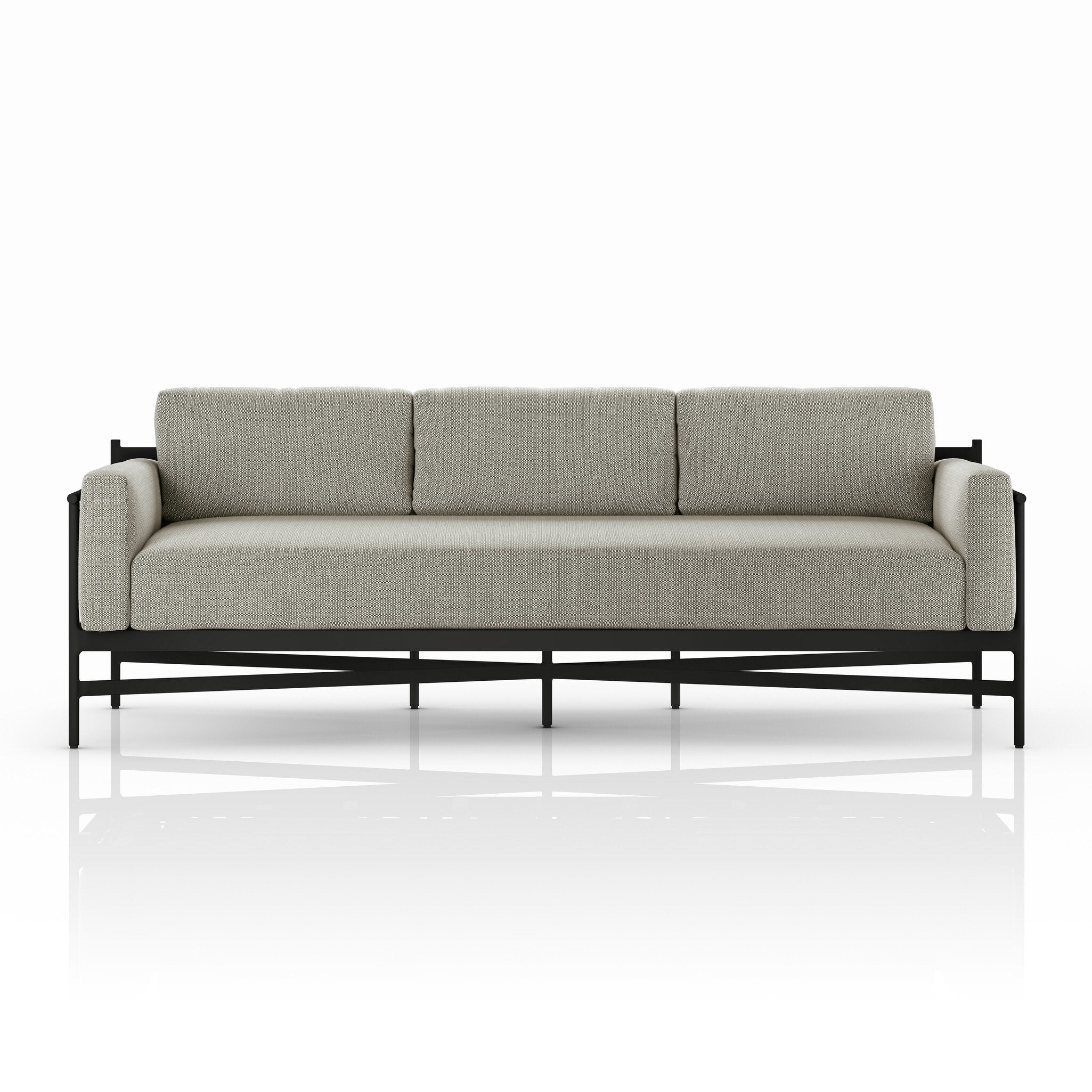 Gray outdoor sofa with black metal frame on a white background