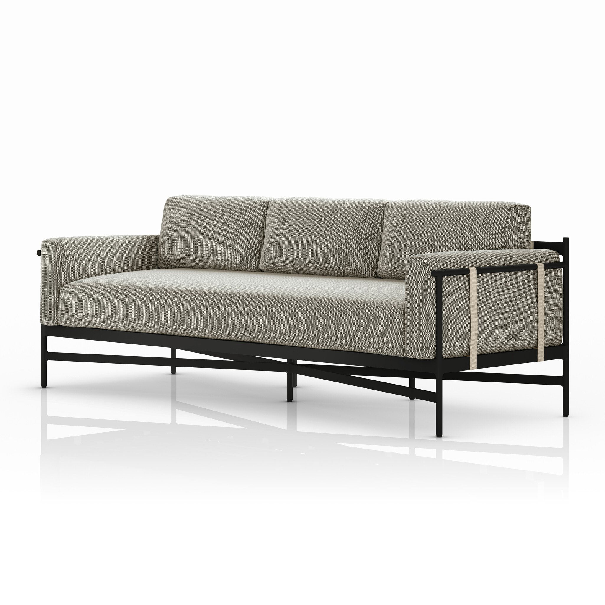 Gray outdoor sofa with black metal frame on a white background