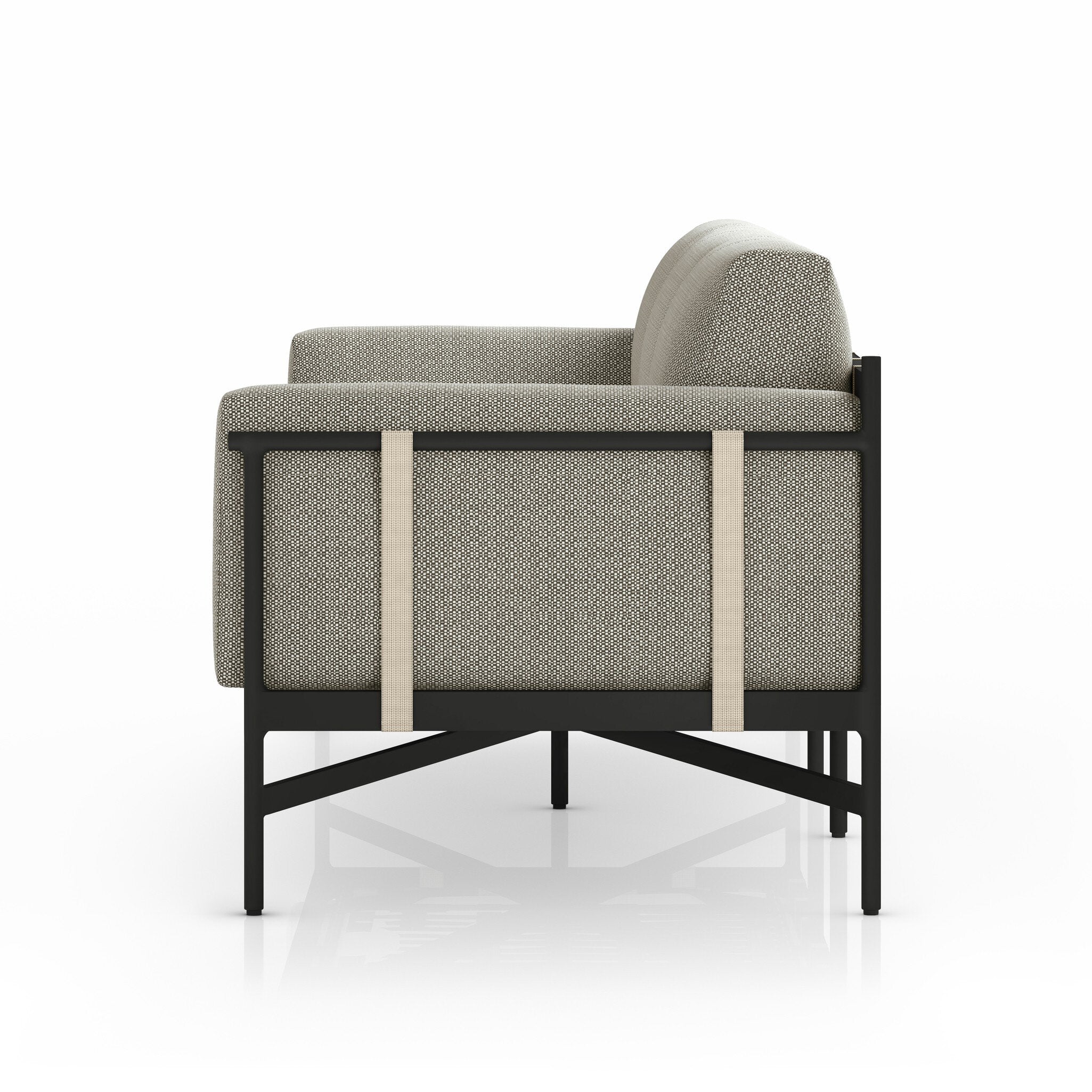 Gray outdoor sofa with black metal frame on a white background