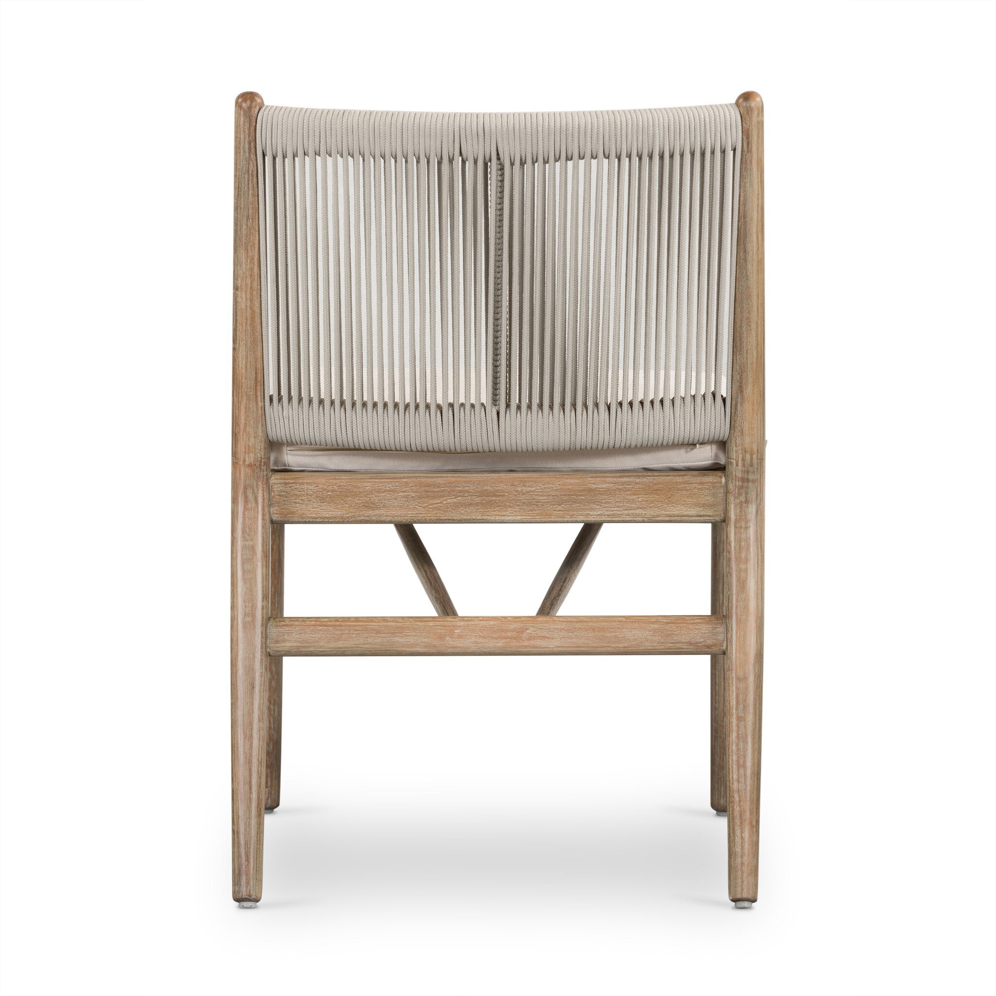 Outdoor dining chair with wooden frame and beige woven backrest on a white background