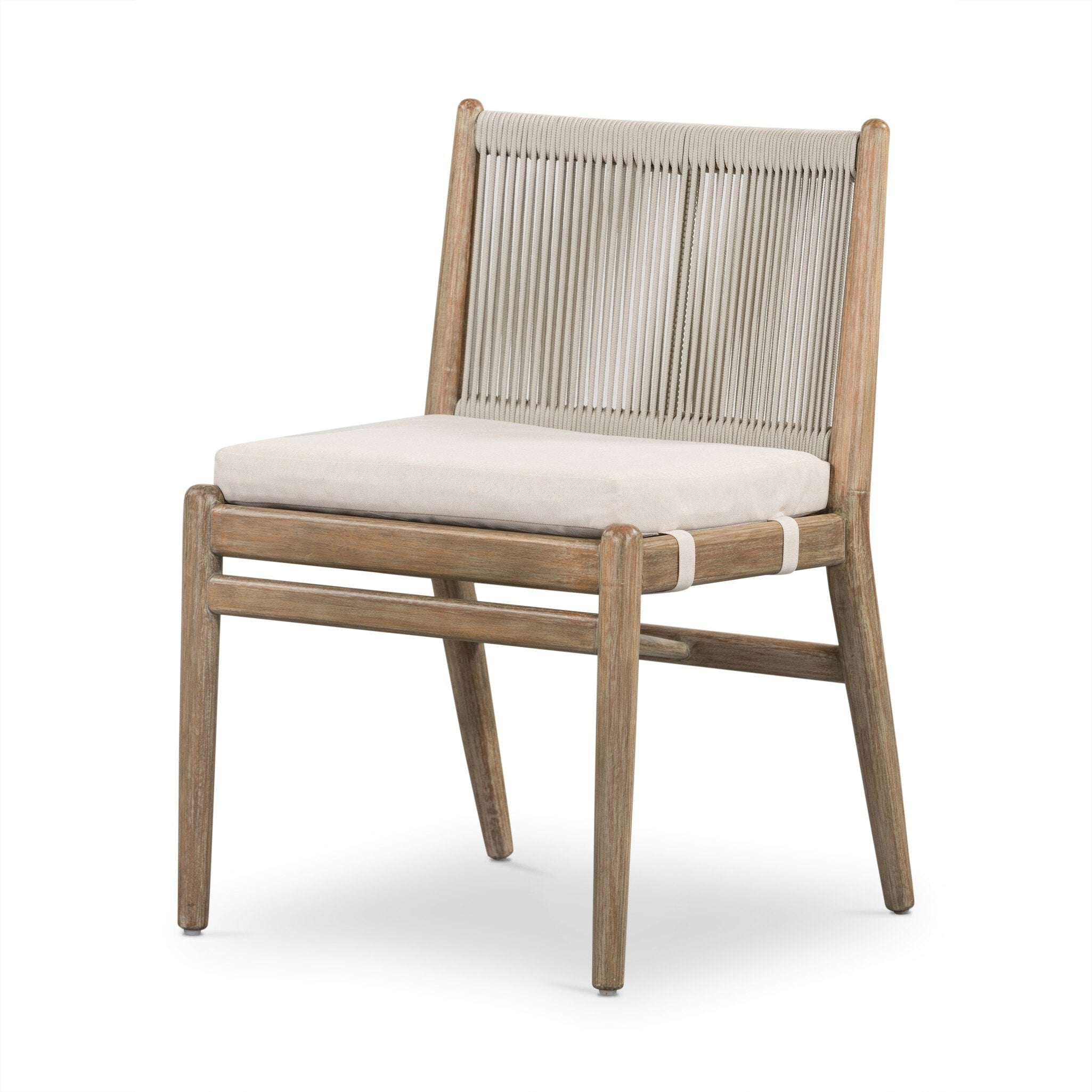 Wooden chair with beige cushion on a white background