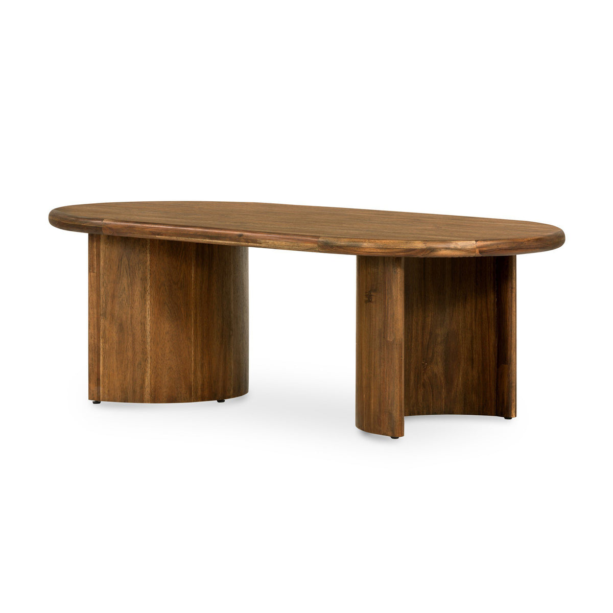 An oval wooden coffee table with a rich medium-brown finish, featuring a thick top and two substantial block-style pedestal bases, shown on a plain white background.