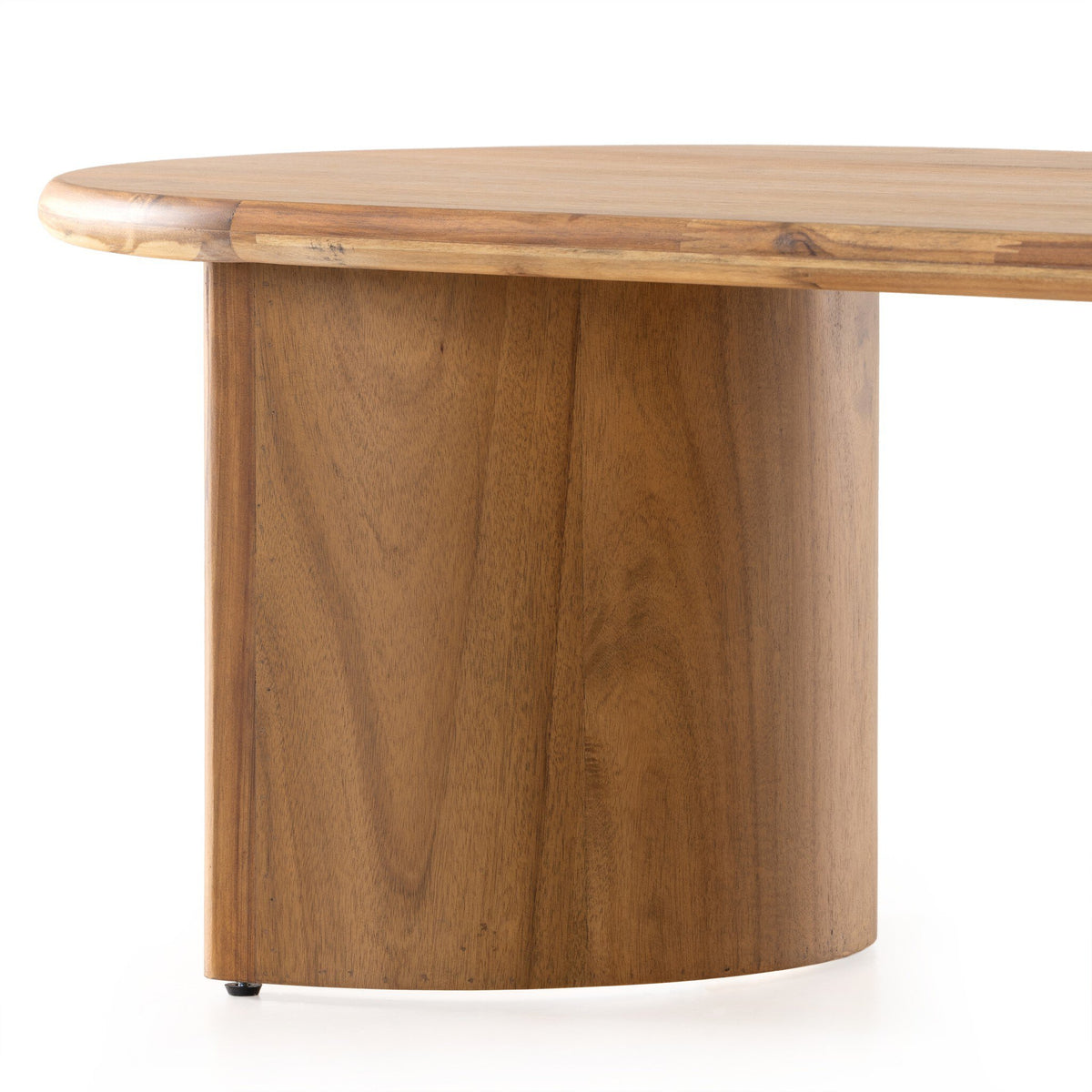 Wooden table with a round top and cylindrical base on a white background