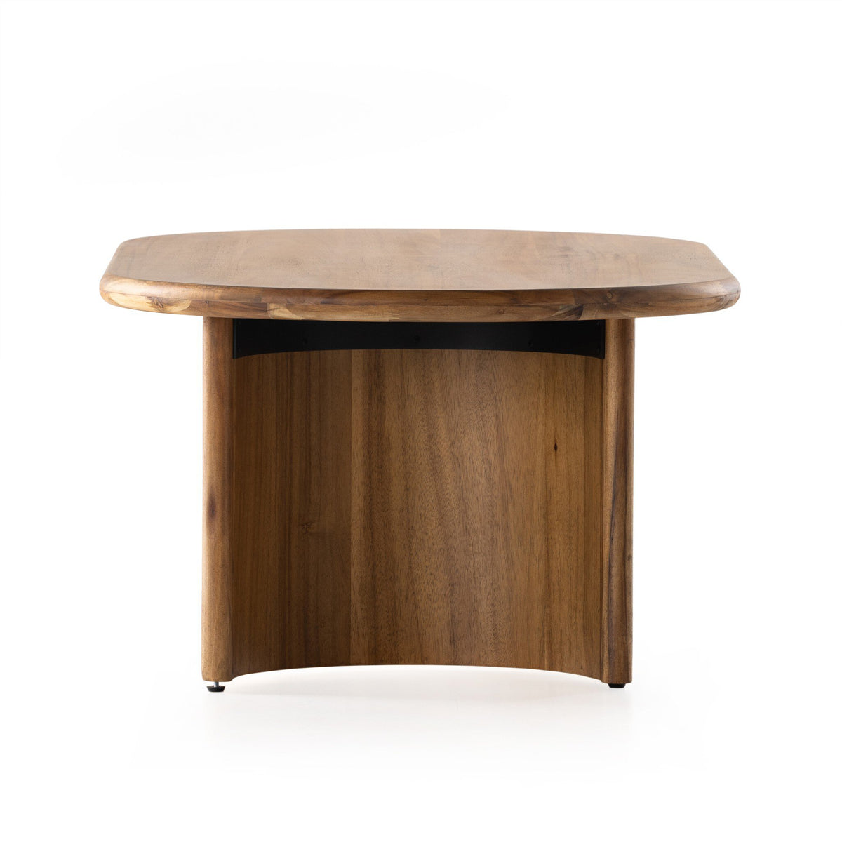 Wooden dining table with a curved design on a white background
