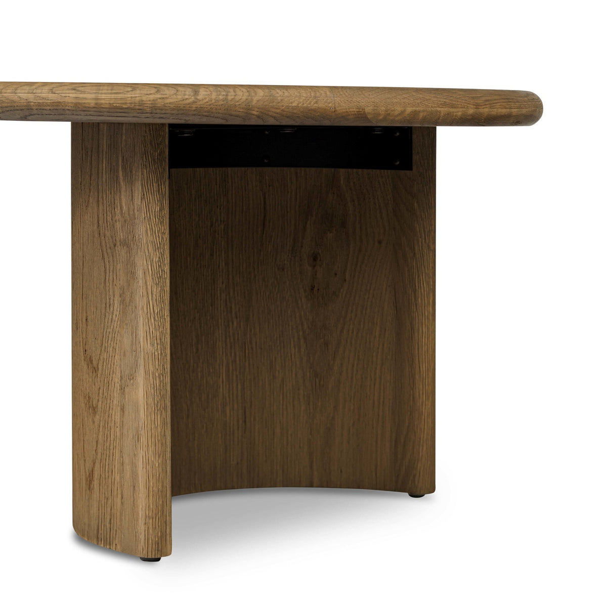 Close-up of a wooden table base and tabletop corner, showing a medium brown wood grain finish and a black metal support bracket underneath, on a white background.