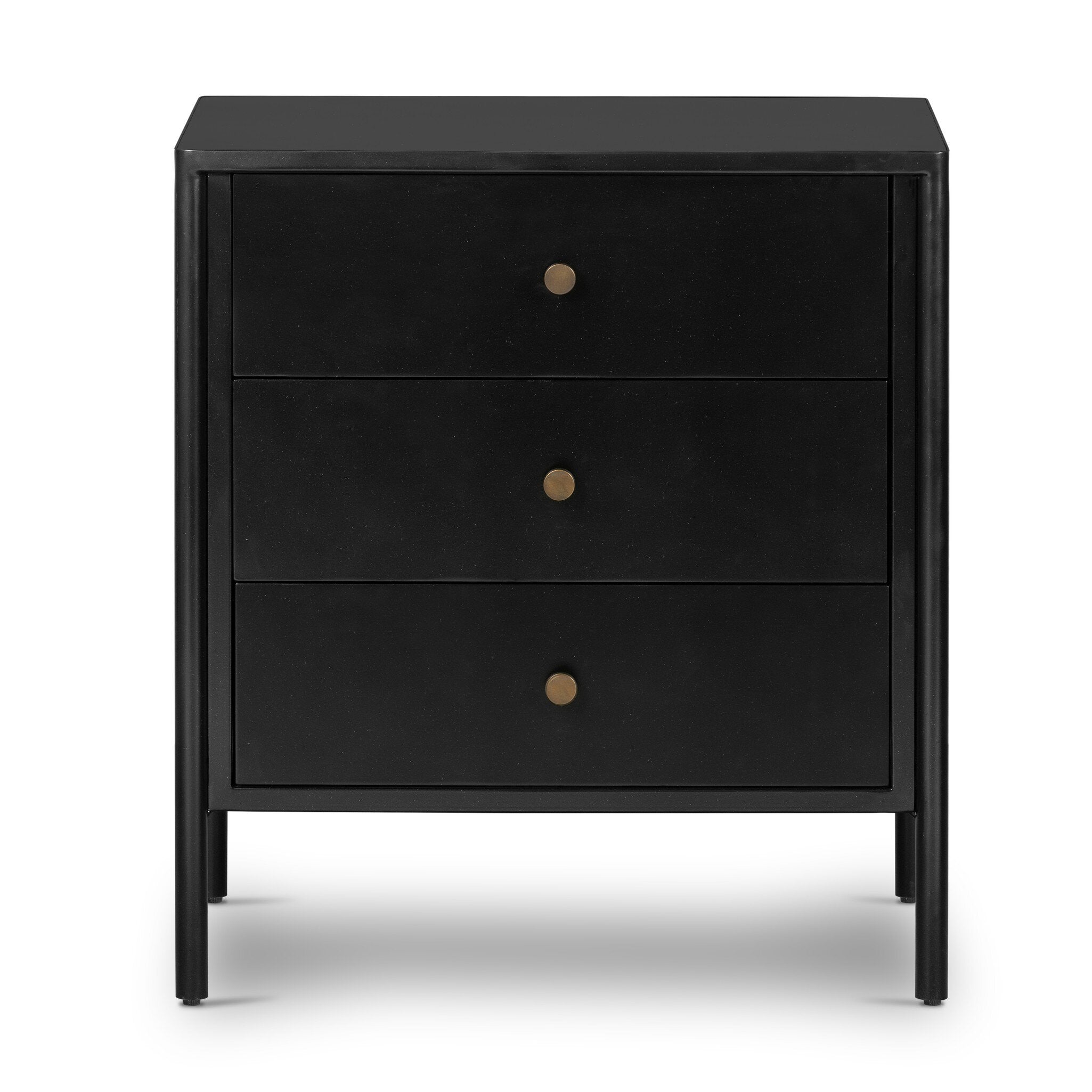 Black dresser with three drawers on a white background