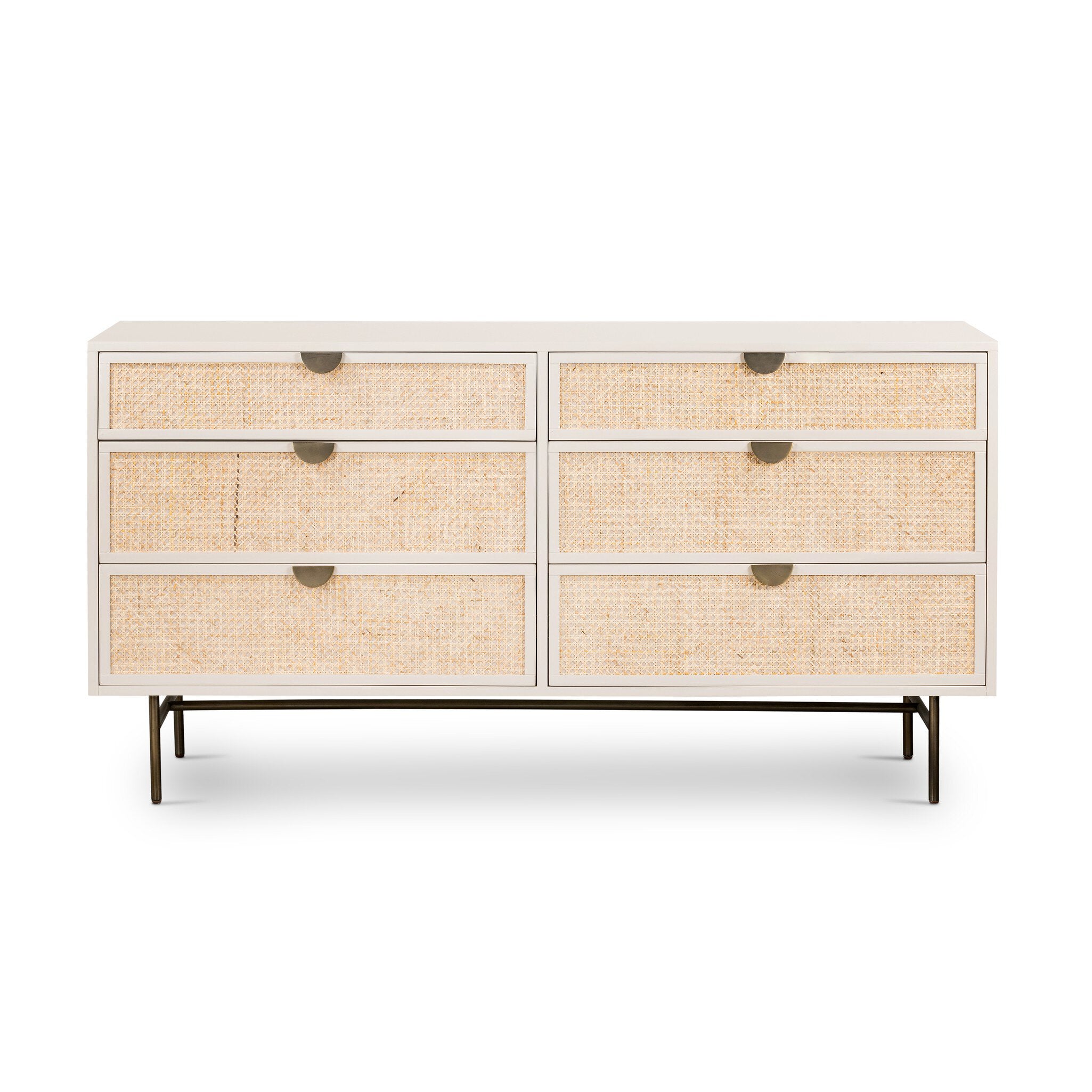 White dresser with rattan drawers on a white background