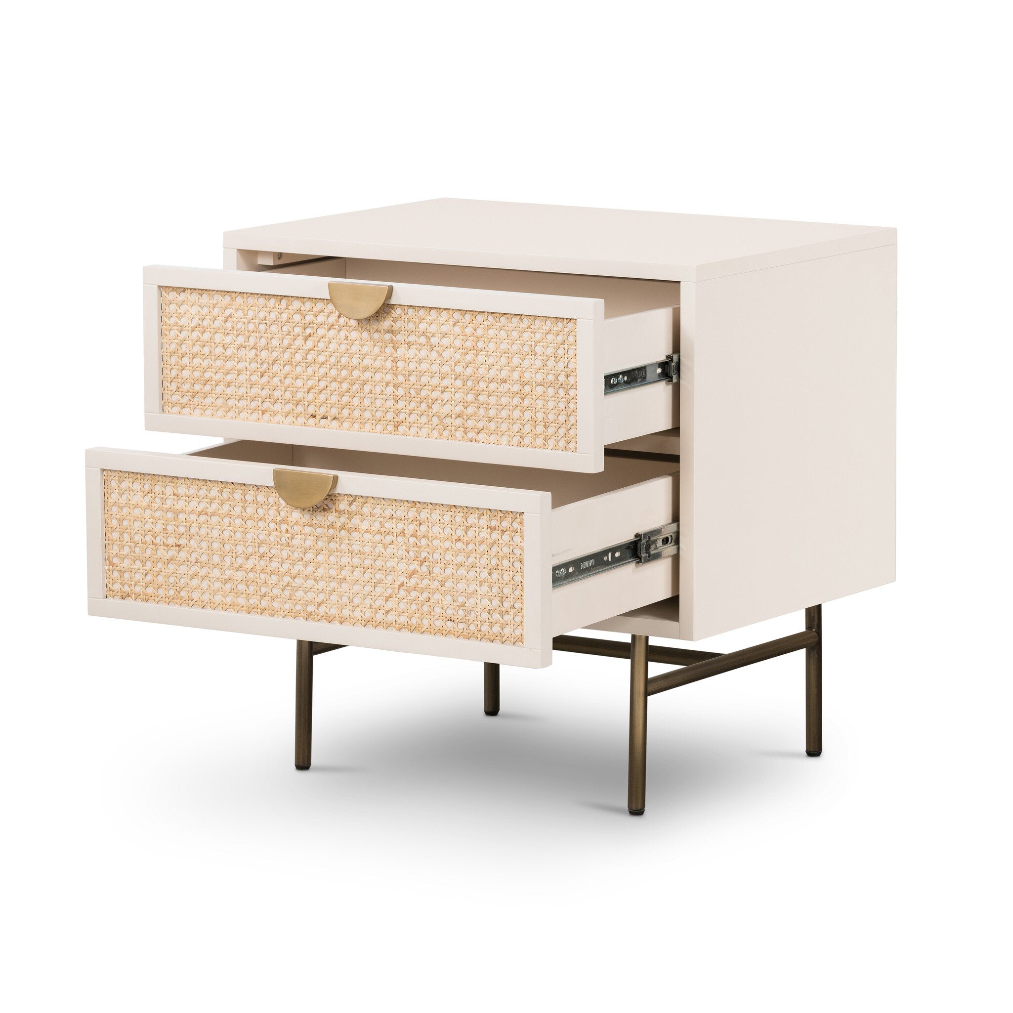 White nightstand with rattan drawers on a white background