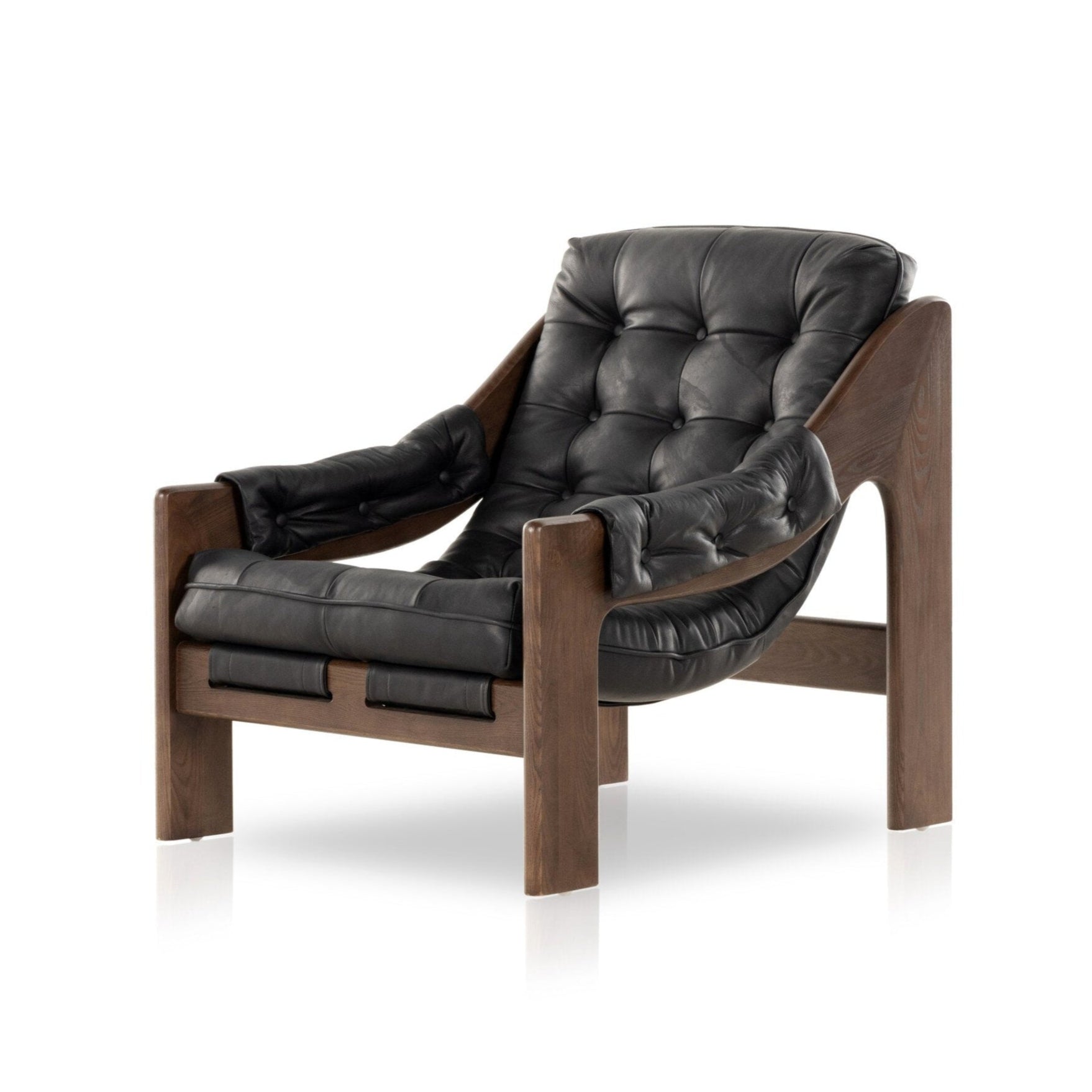 Black leather armchair with wooden frame on a white background