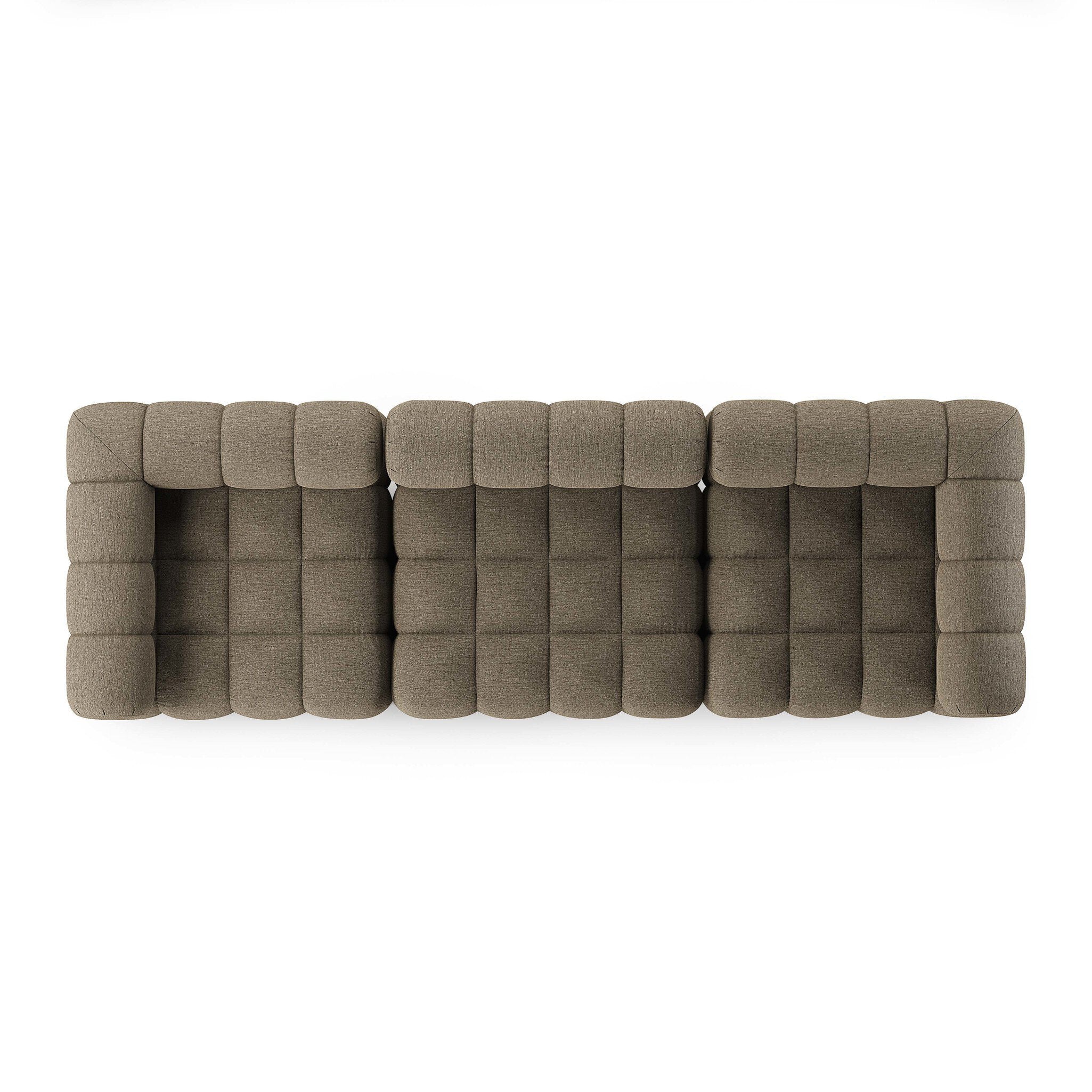 top view of a three-piece outdoor sofa in green brown upholstery