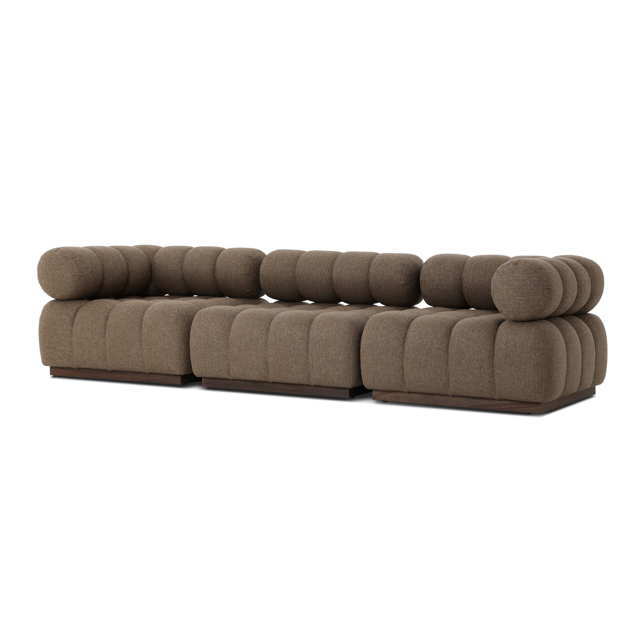 Brown sofa with rounded cushions on a white background
