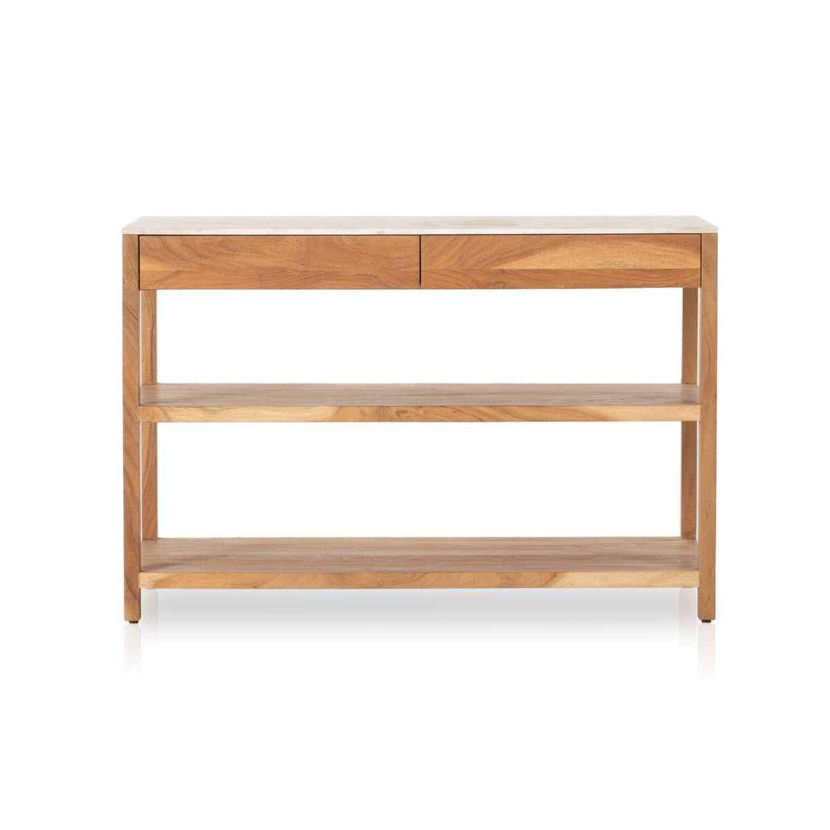 Wooden console table with two drawers and a shelf on a white background