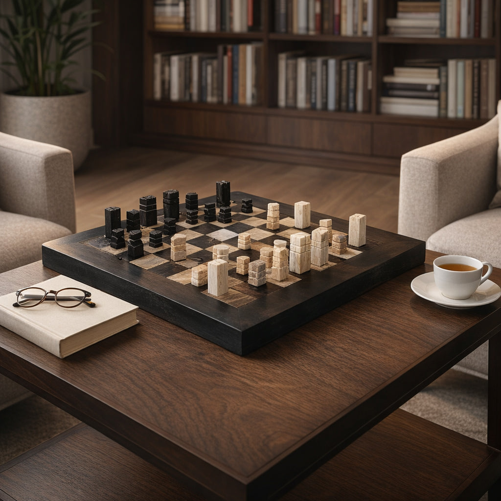 Wooden coffee table with a chessboard and pieces in a living room setting.