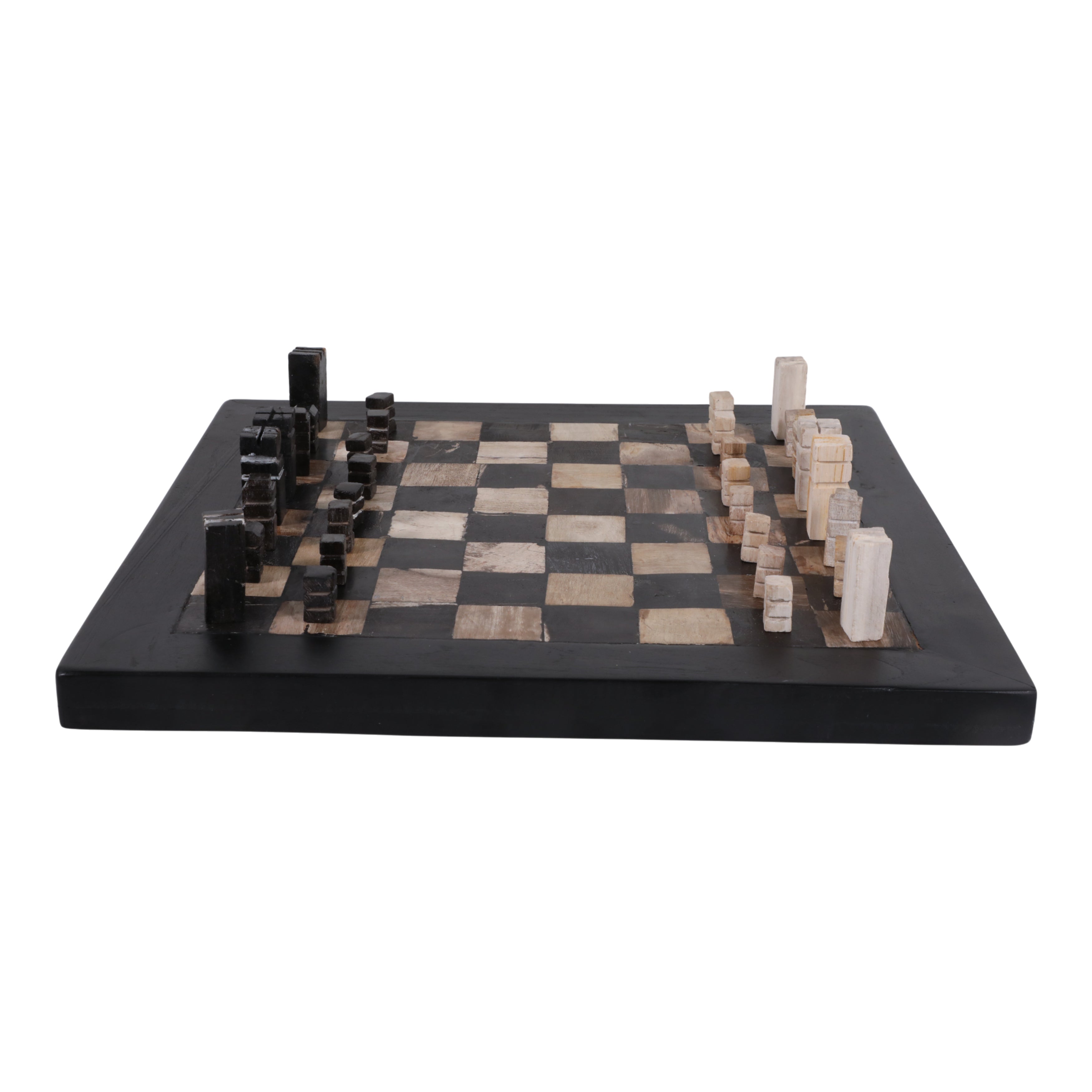 Wooden chess set with black and white pieces on a checkered board