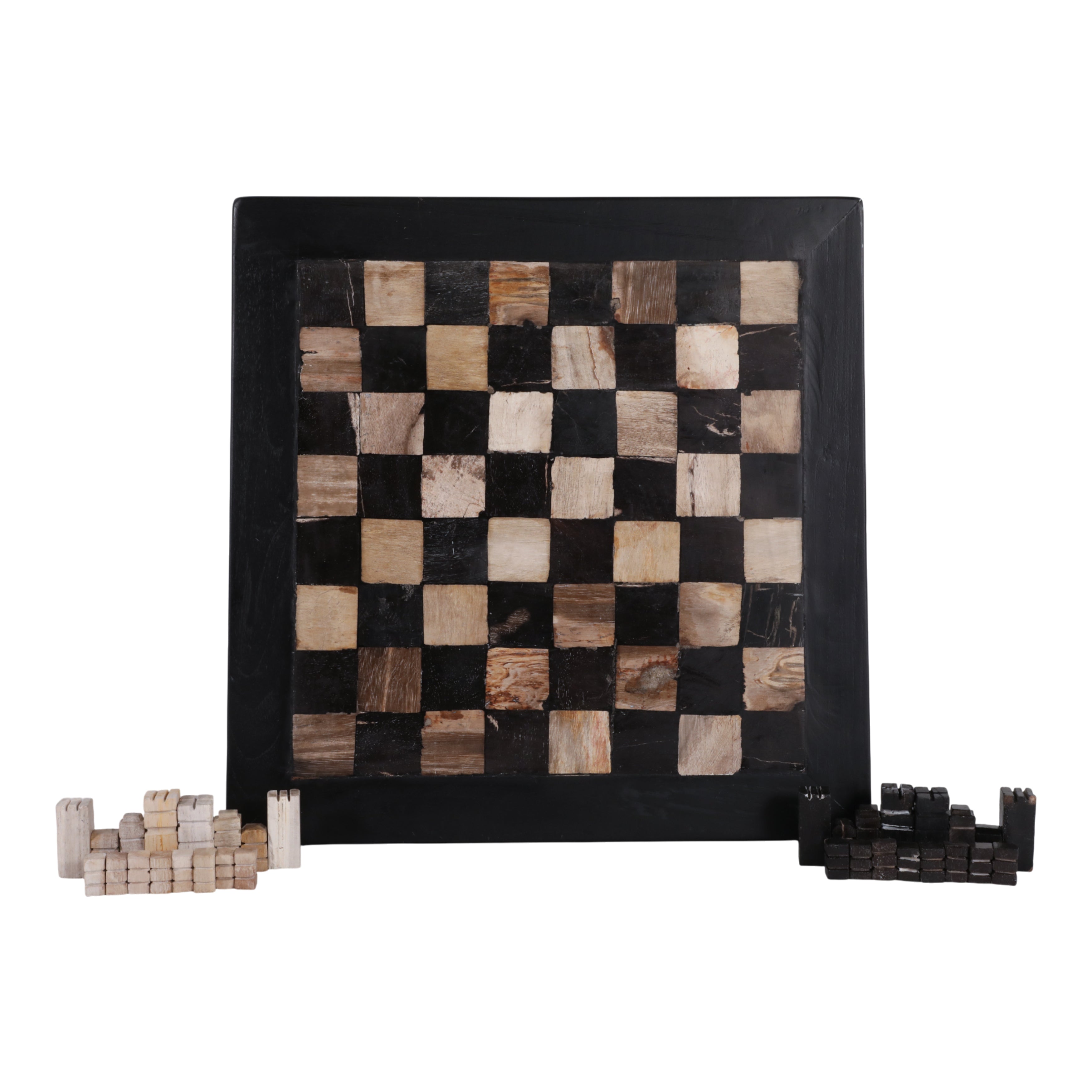 Wooden checkers board with pieces on a white background