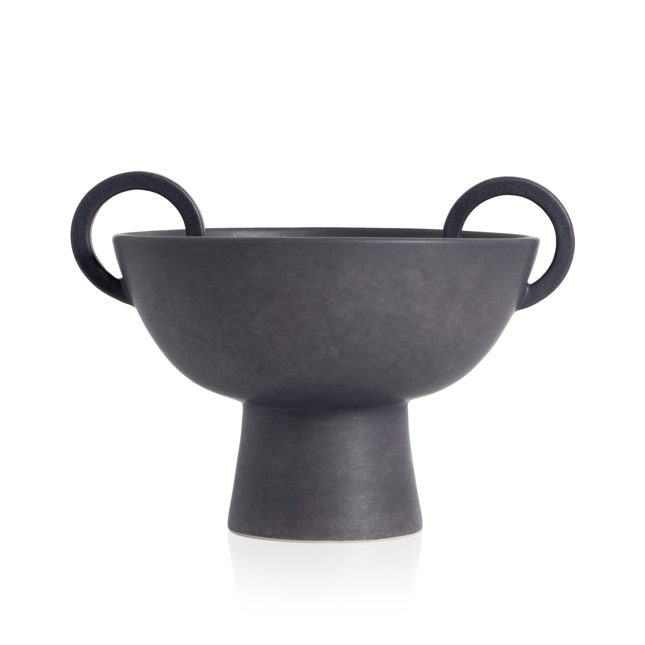 Black ceramic bowl with handles on a white background