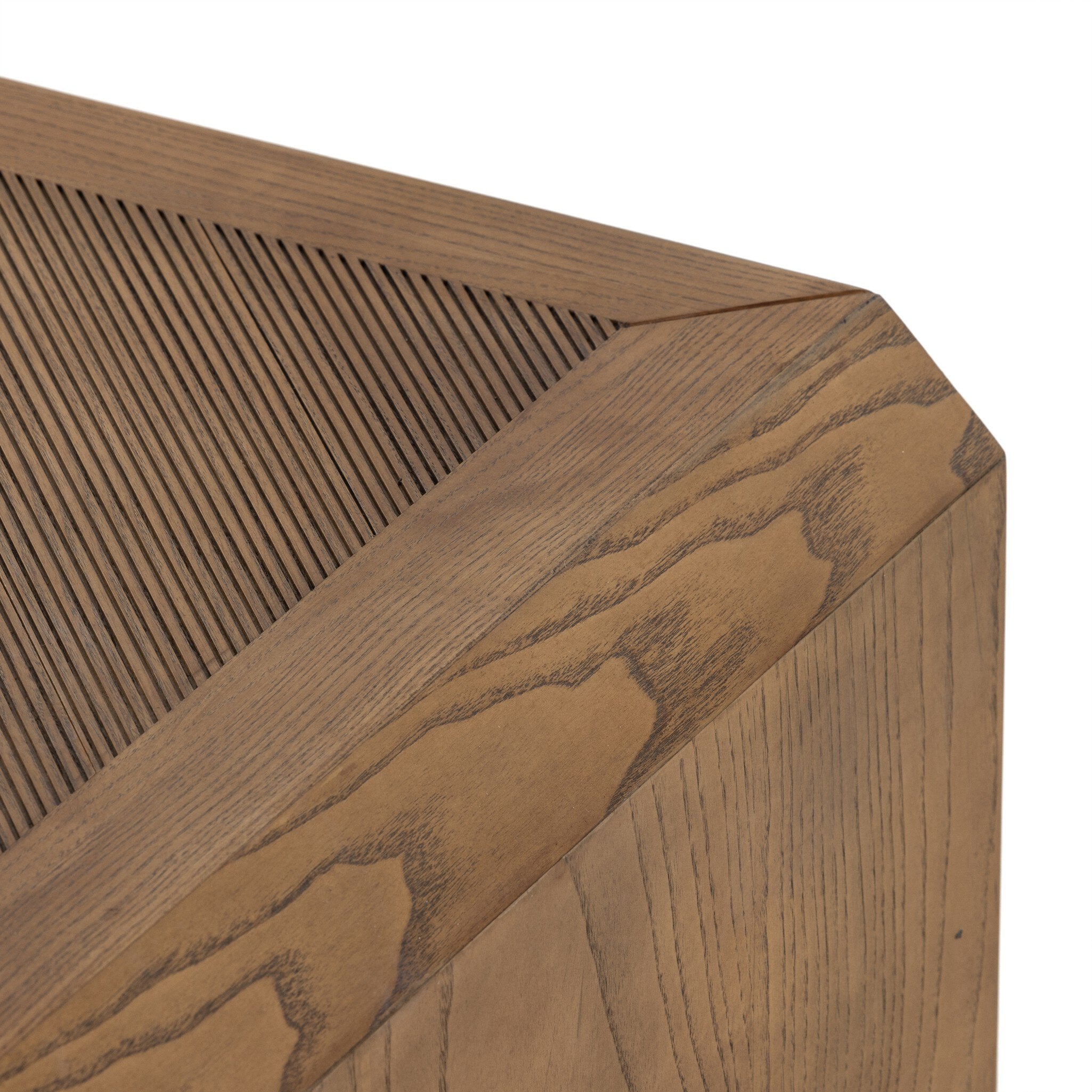 Close-up of a wooden surface with a slatted design on a white background