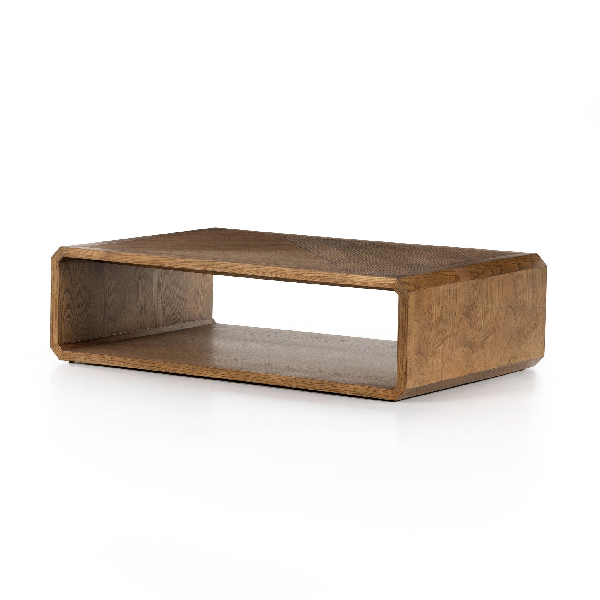 Wooden coffee table with a shelf on a white background