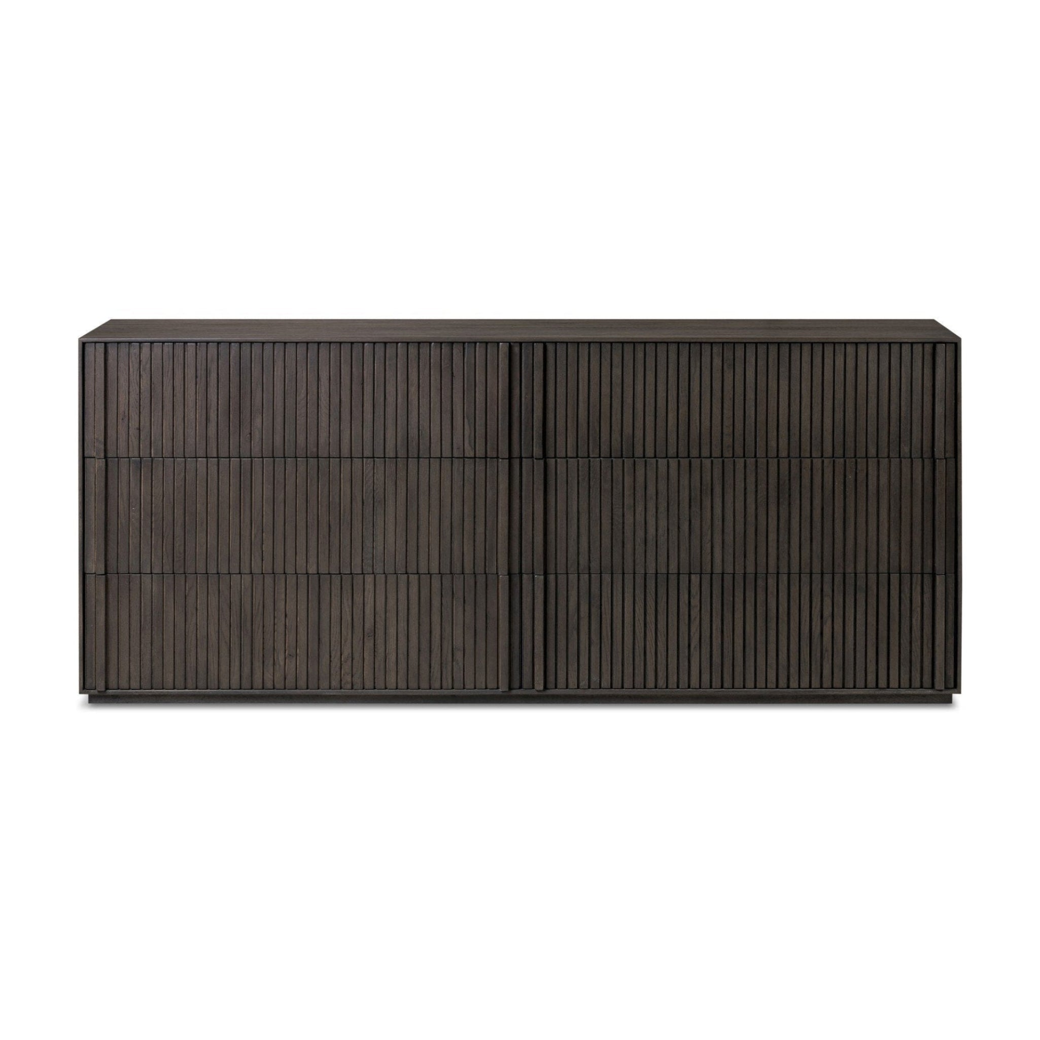 Dark wooden sideboard with horizontal slats on a white background