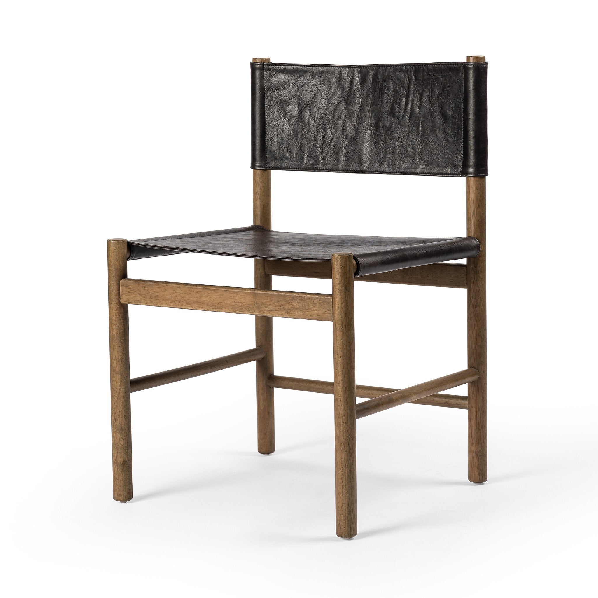 Chair with black leather seat and backrest on a white background