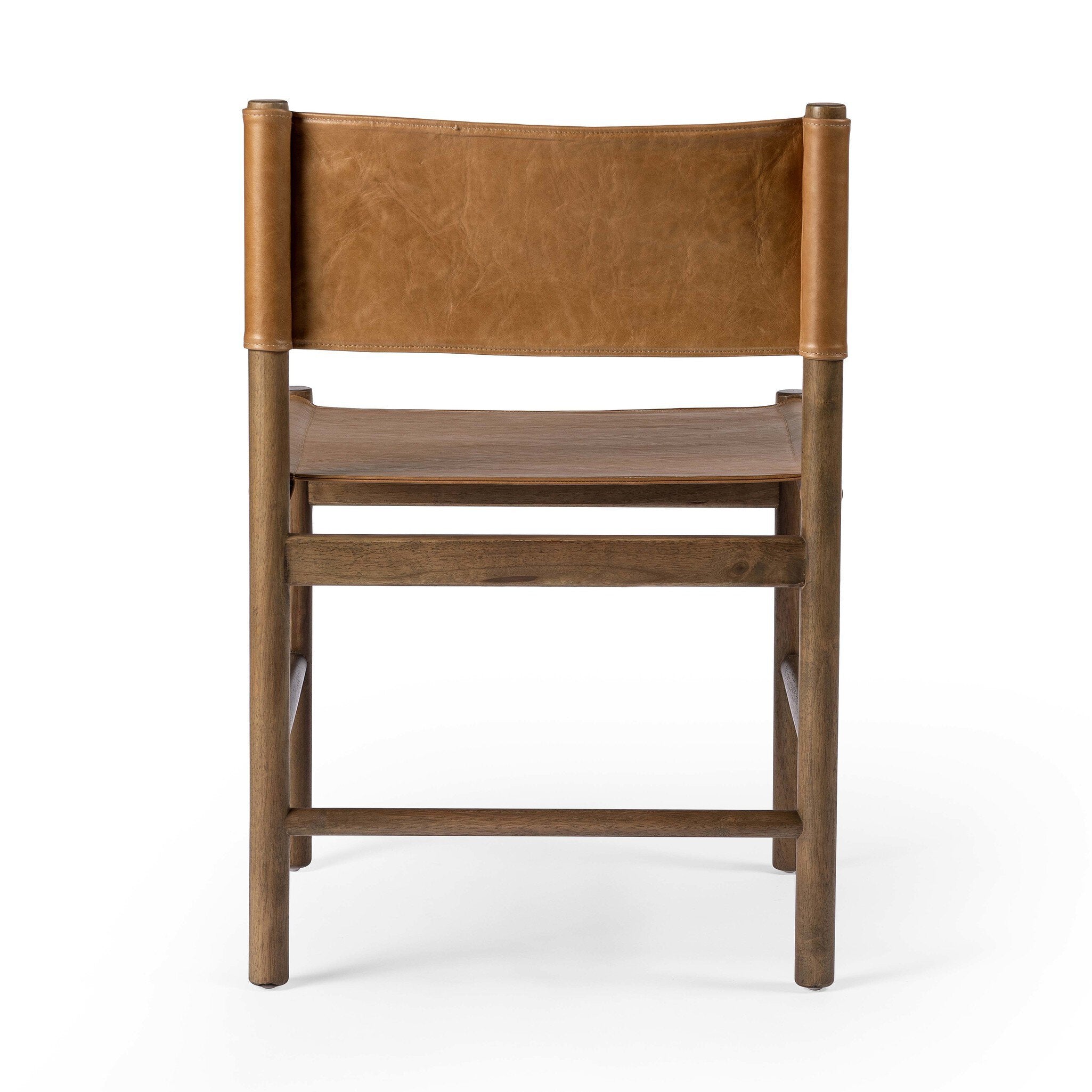 Brown leather chair with wooden frame on a white background