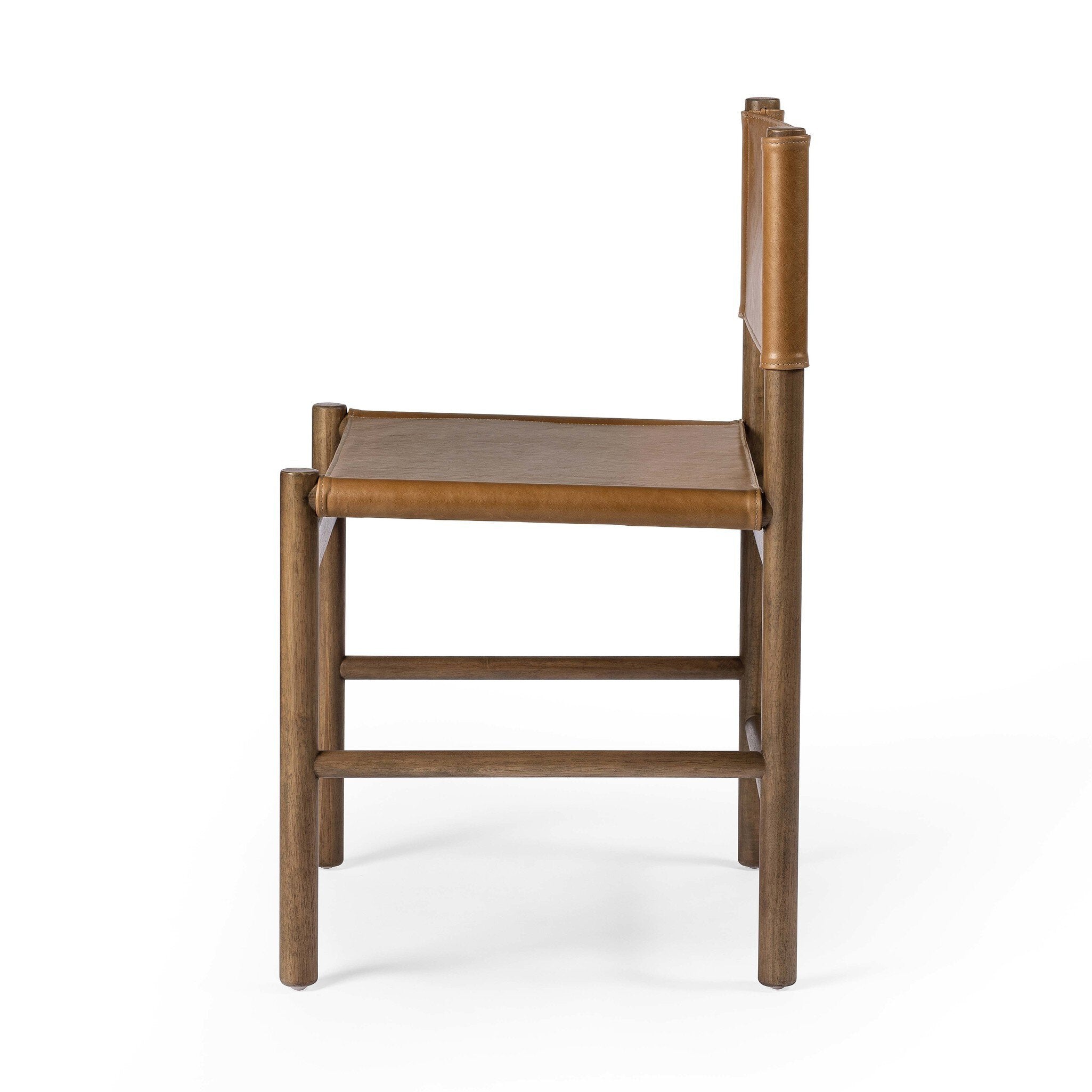 Wooden chair with brown leather seat and back with a white background