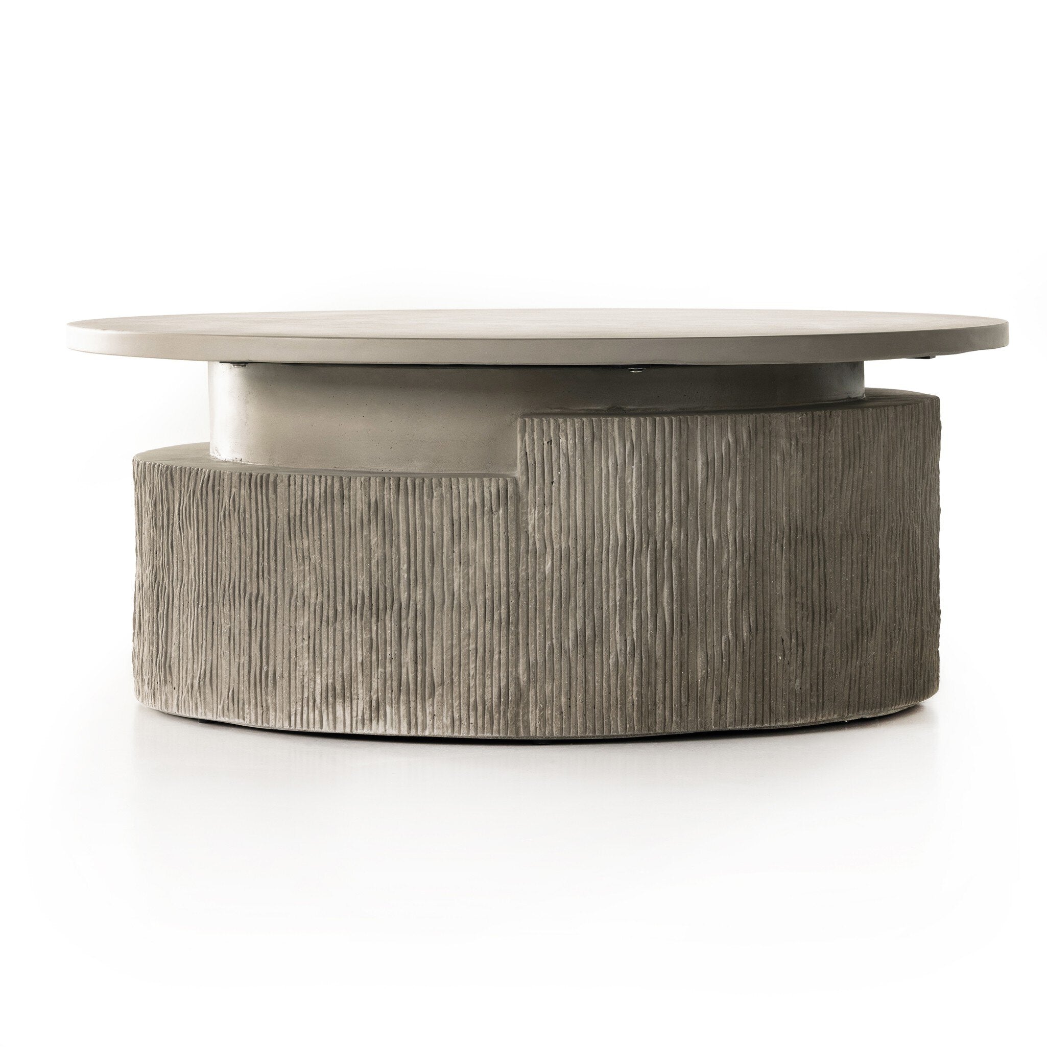 Round outdoor coffee table with a white top and wooden base on a white background
