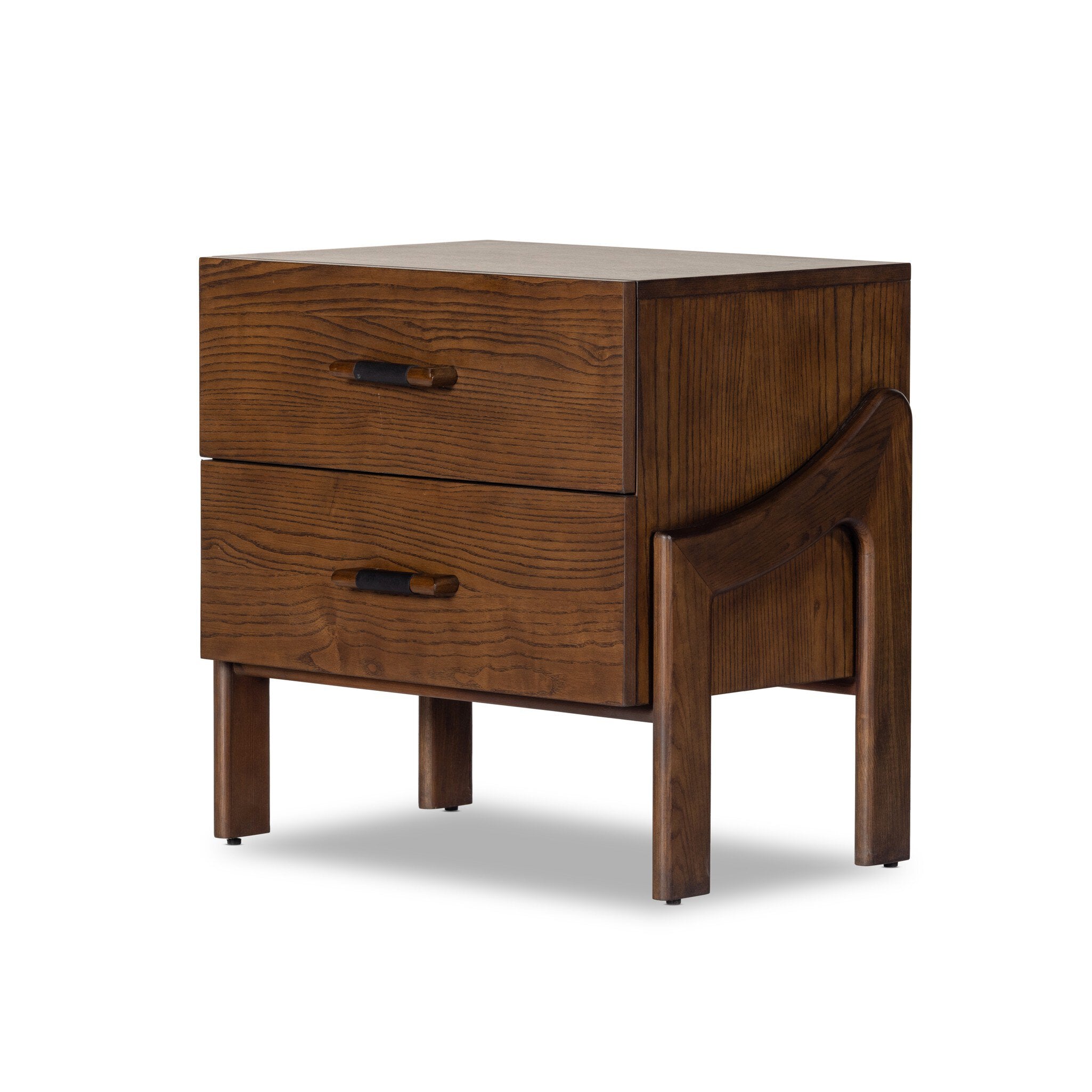 Wooden nightstand with two drawers on a white background