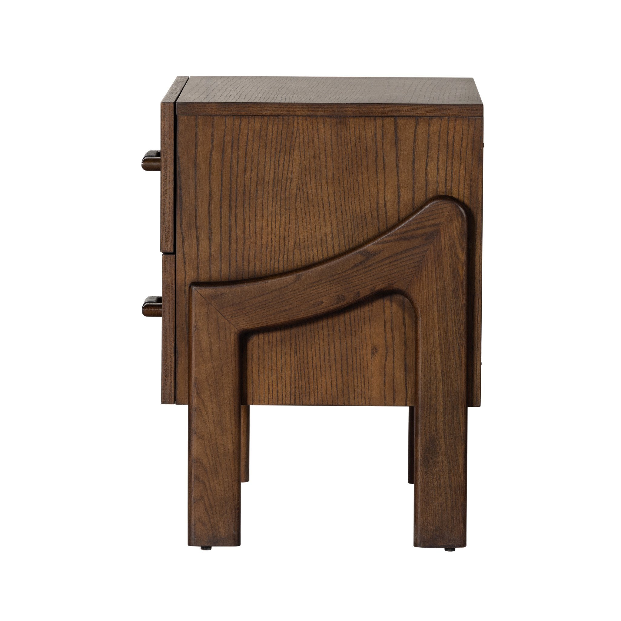 Wooden side table with curved design on a white background