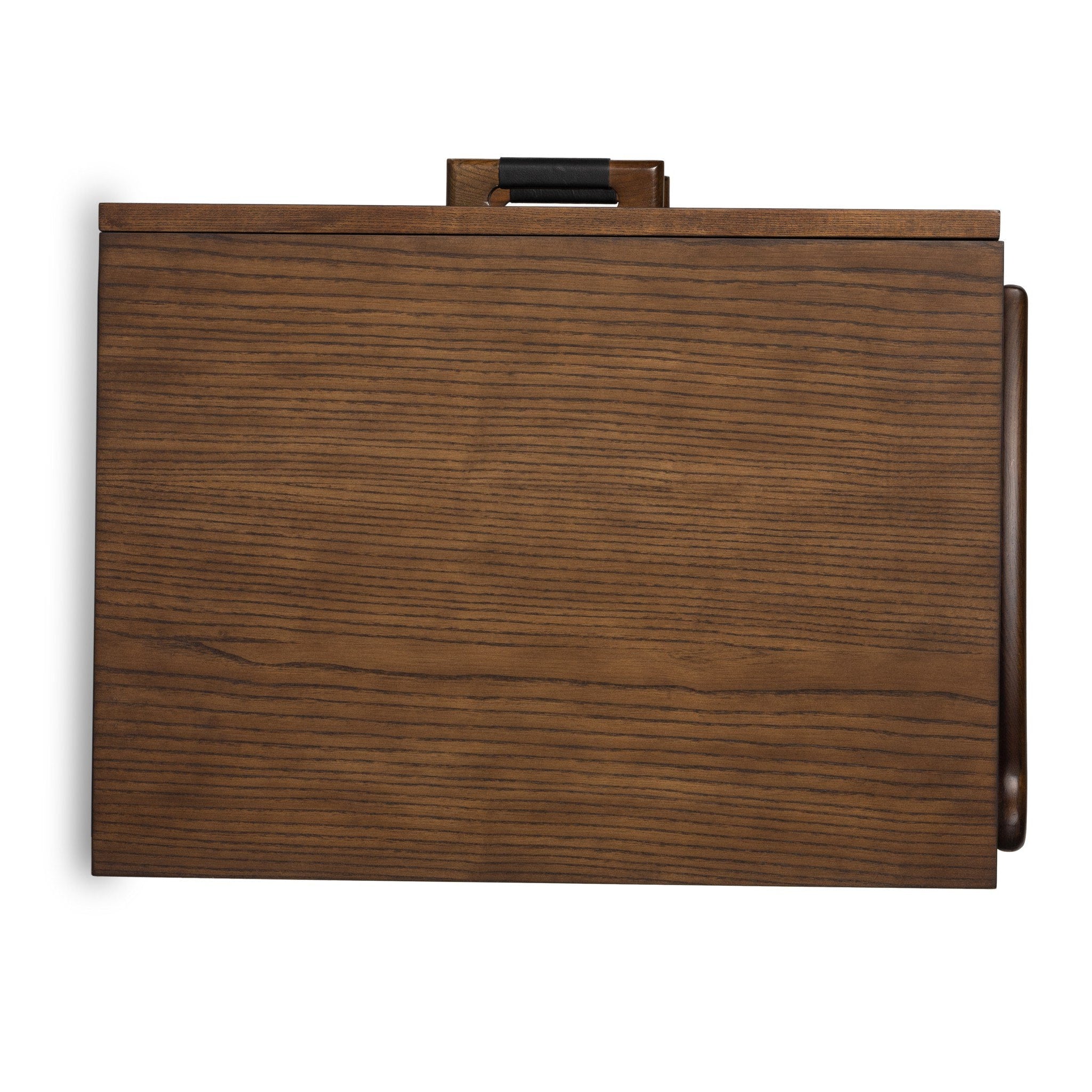 Wooden box with a hinged lid on a white background