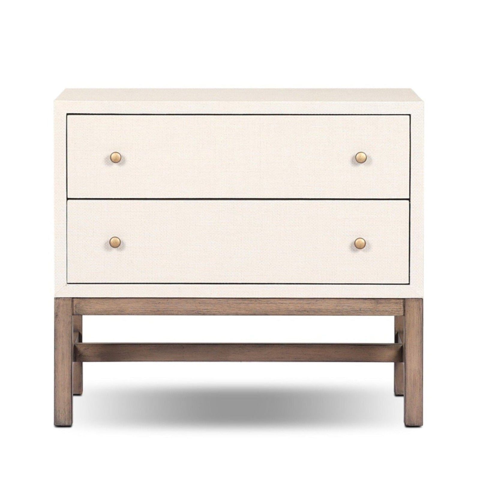 Two-drawer nightstand with white top and wooden base 