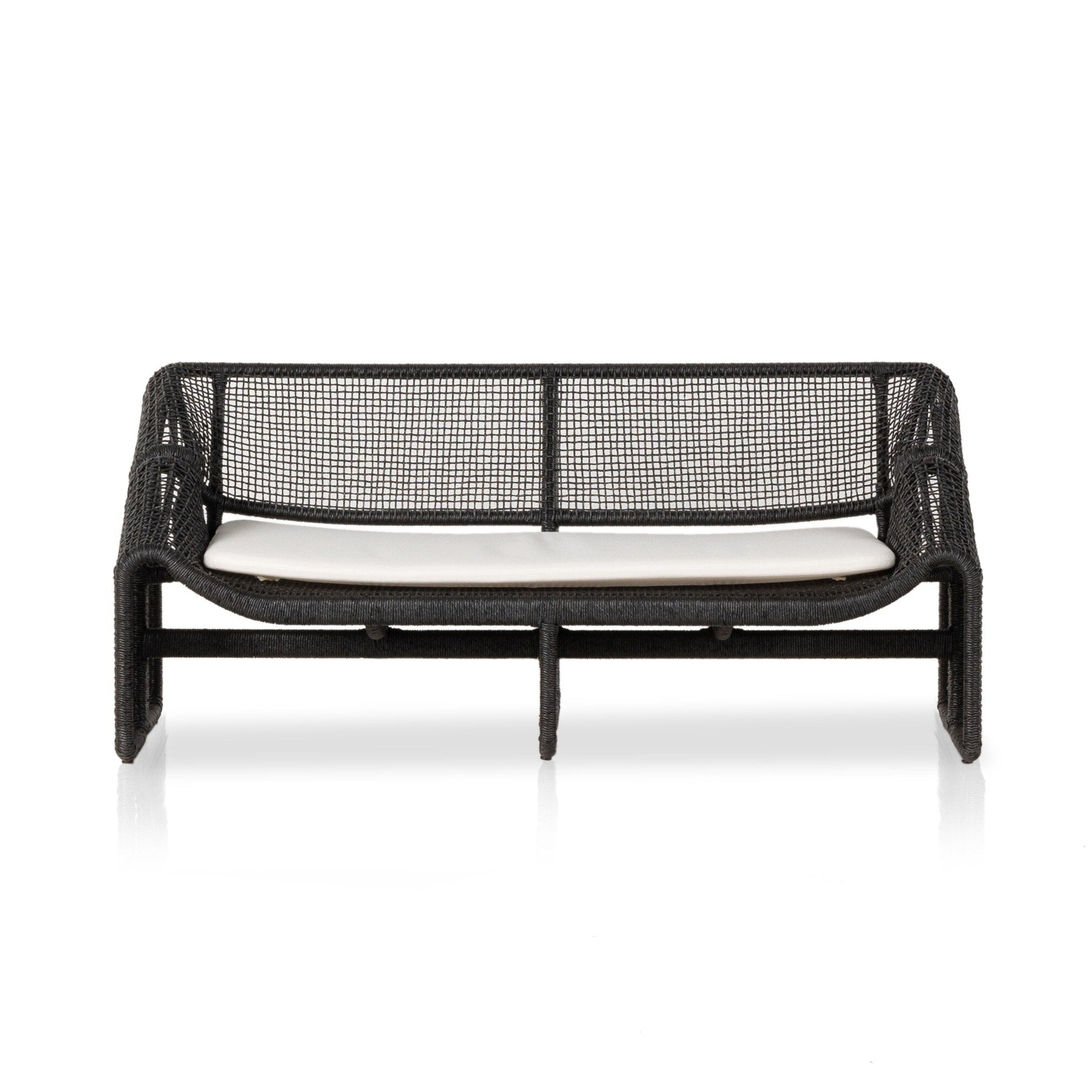 Black mesh outdoor sofa with white cushion on a white background