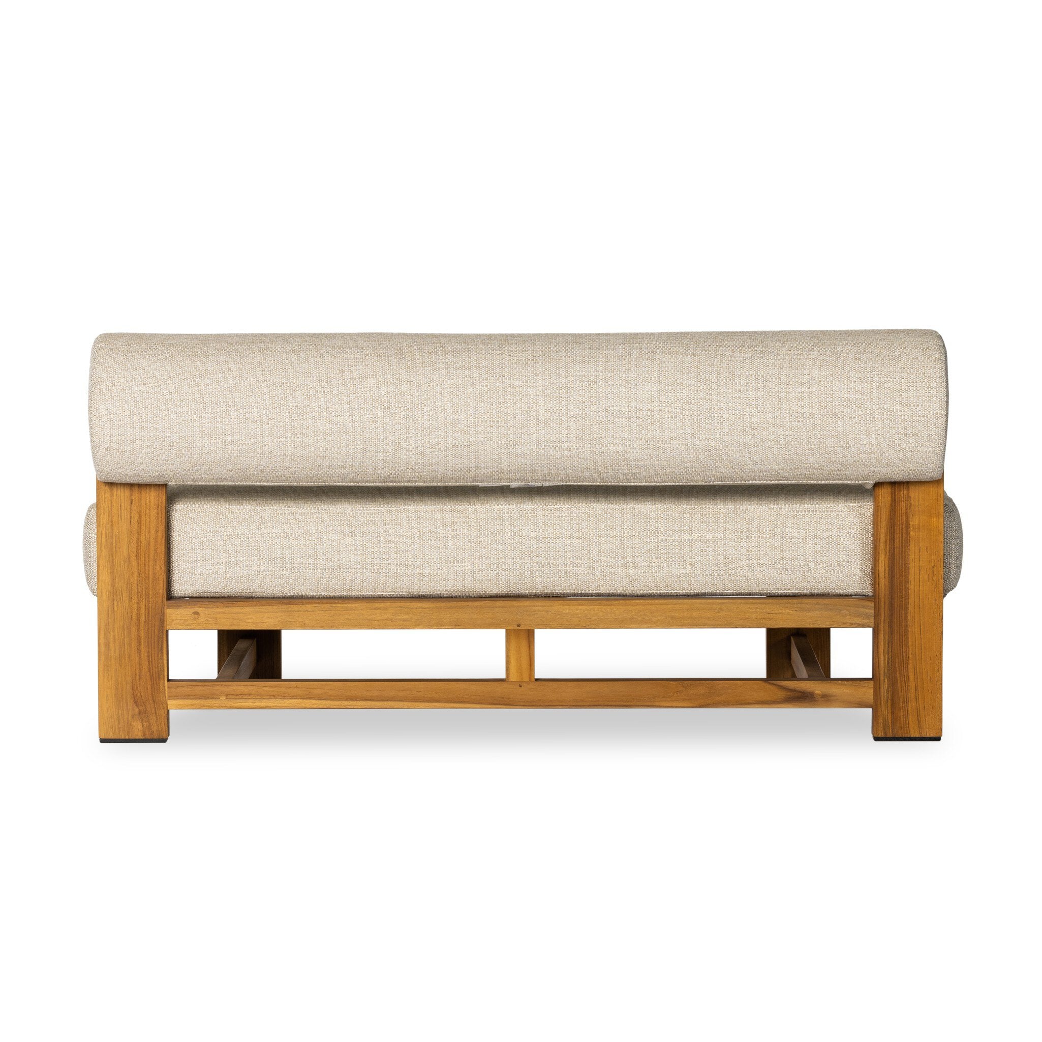 Beige upholstered outdoor sofa with wooden frame on a white background