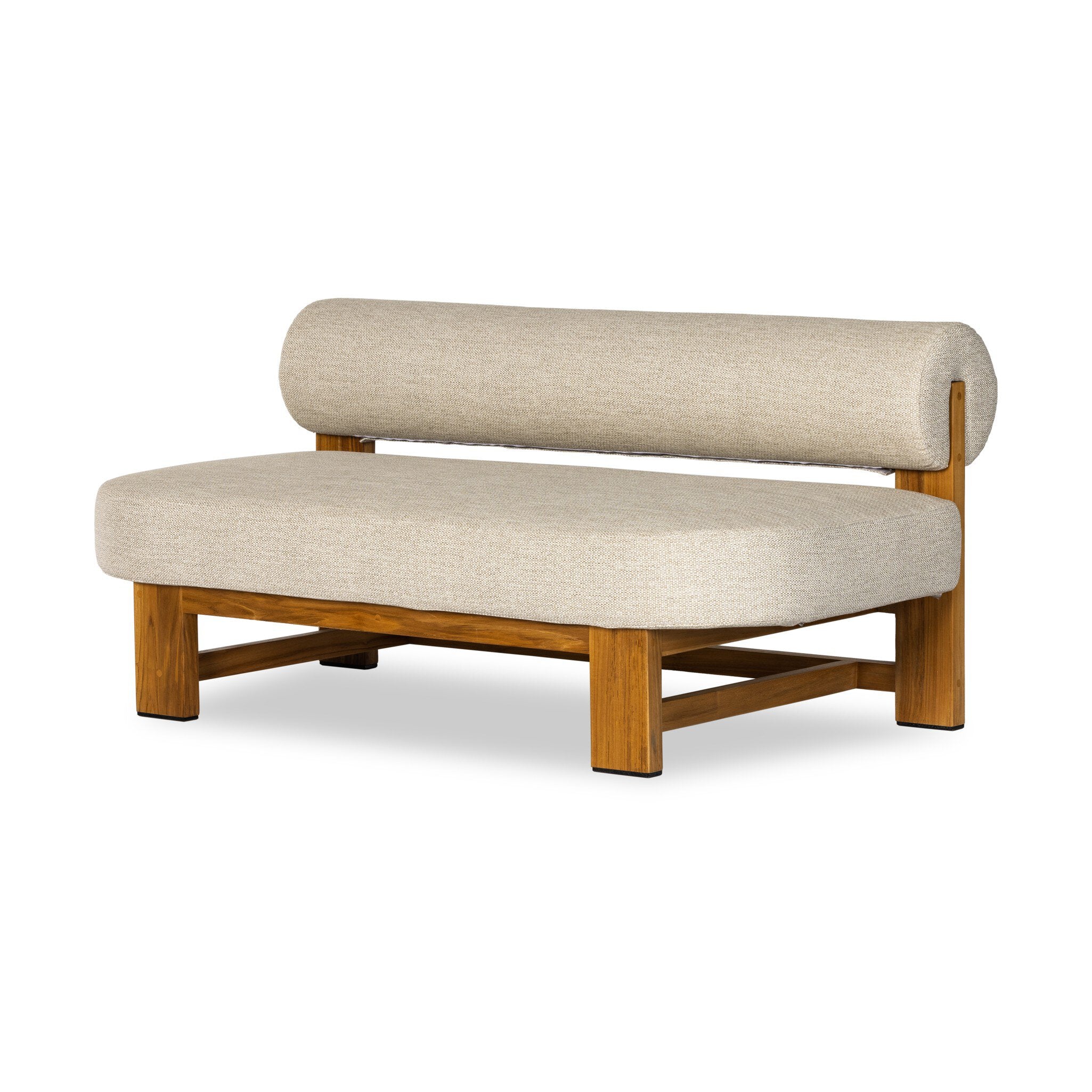 Beige upholstered bench with wooden frame on a white background