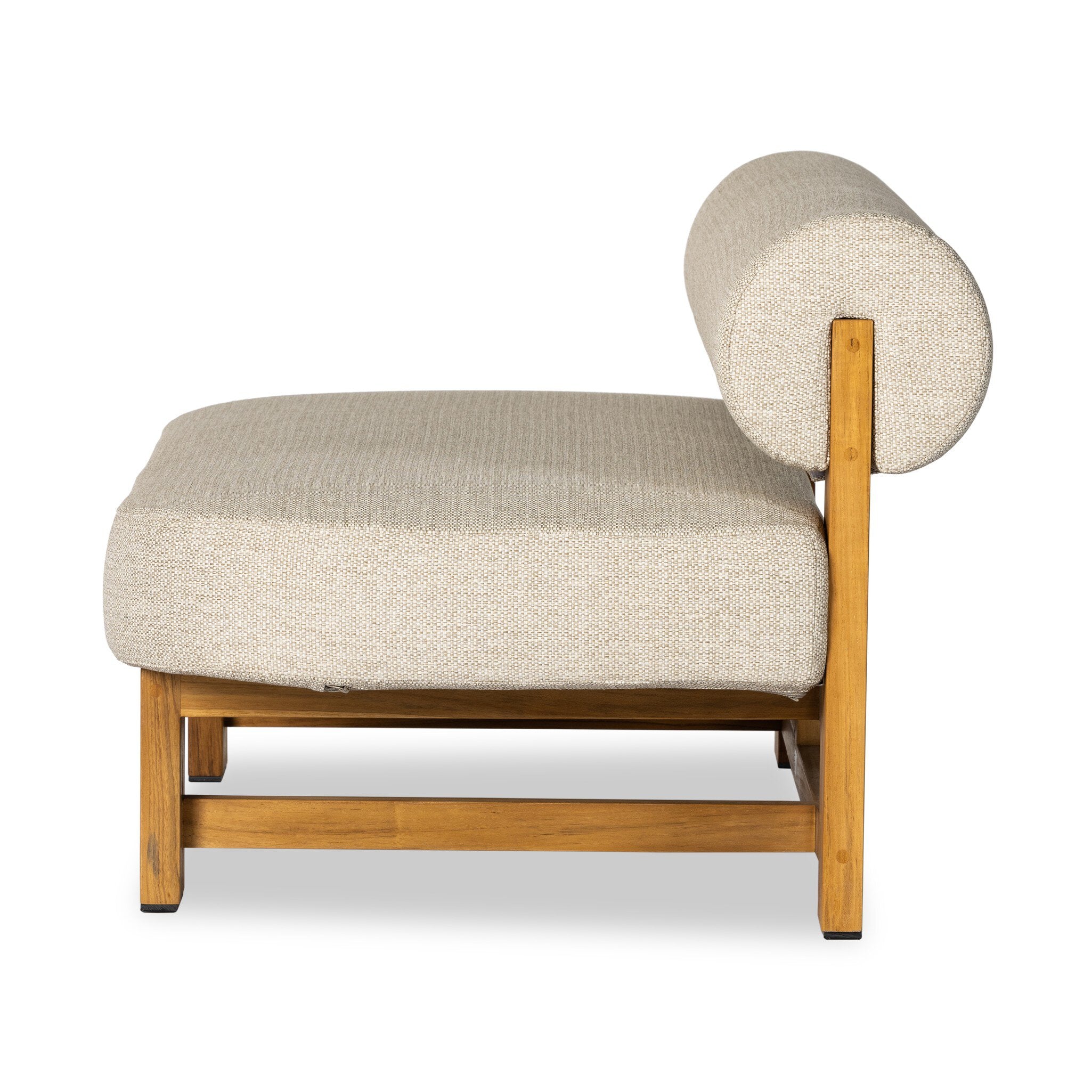 Modern outdoor sofa with beige cushion and wooden frame on a white background