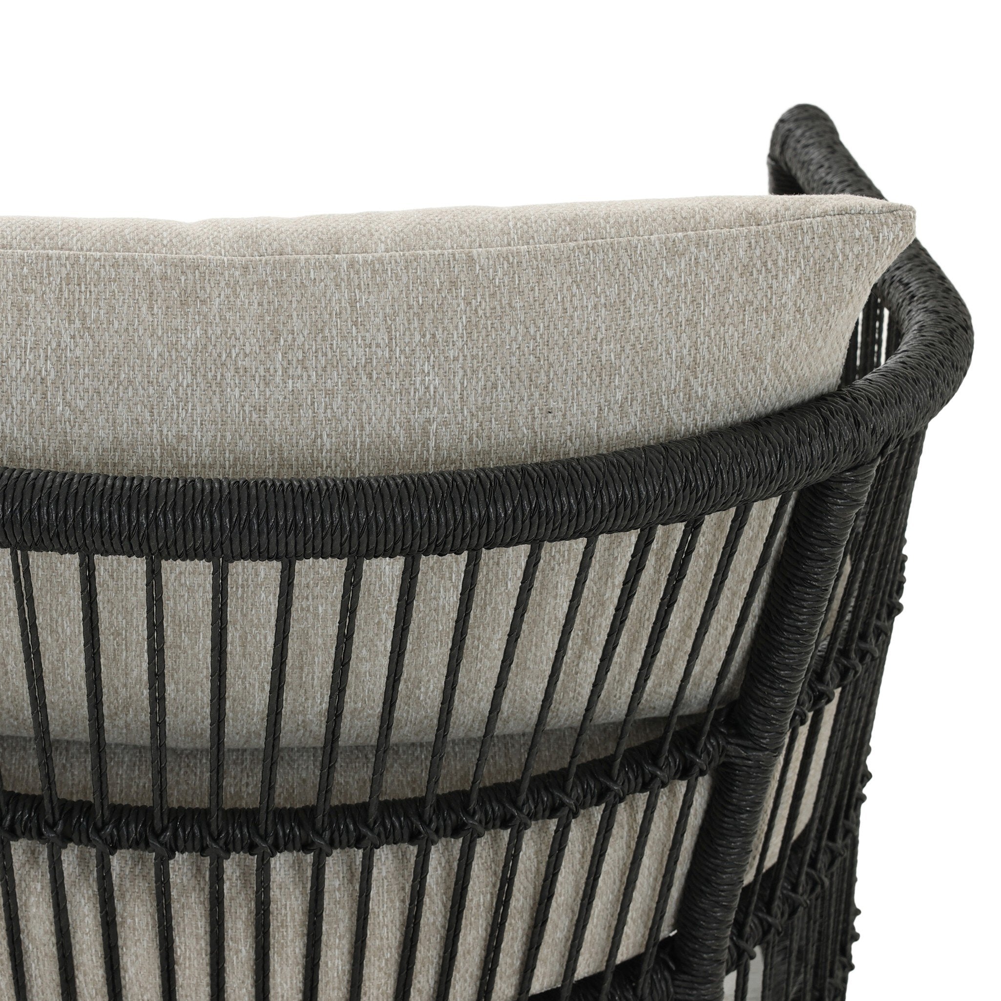 Close-up of a chair with black woven frame and gray cushion on a white background