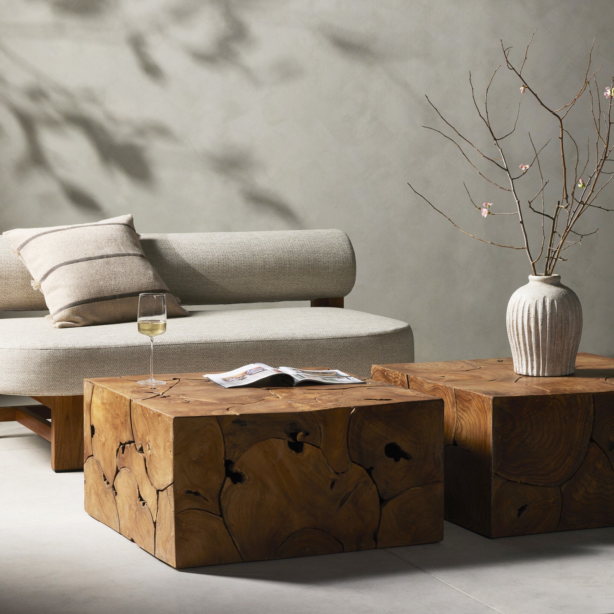 Living room with a gray sofa, wooden coffee table, and decorative elements.