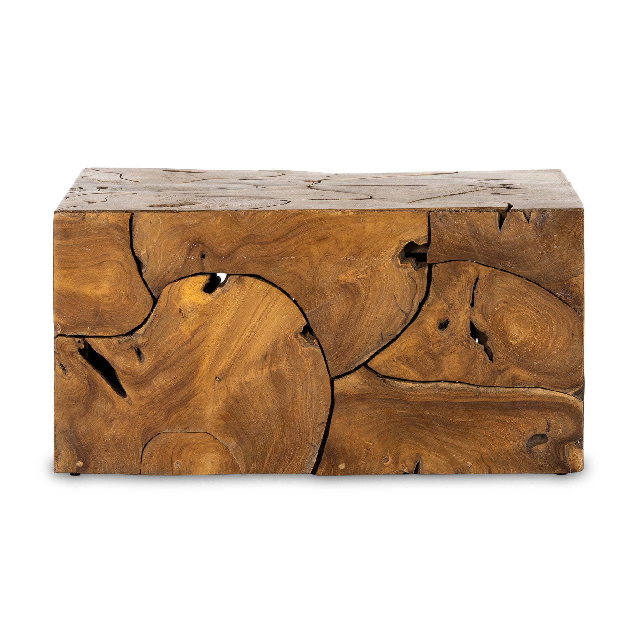 Wooden outdoor coffee table with natural grain and疤 on a white background