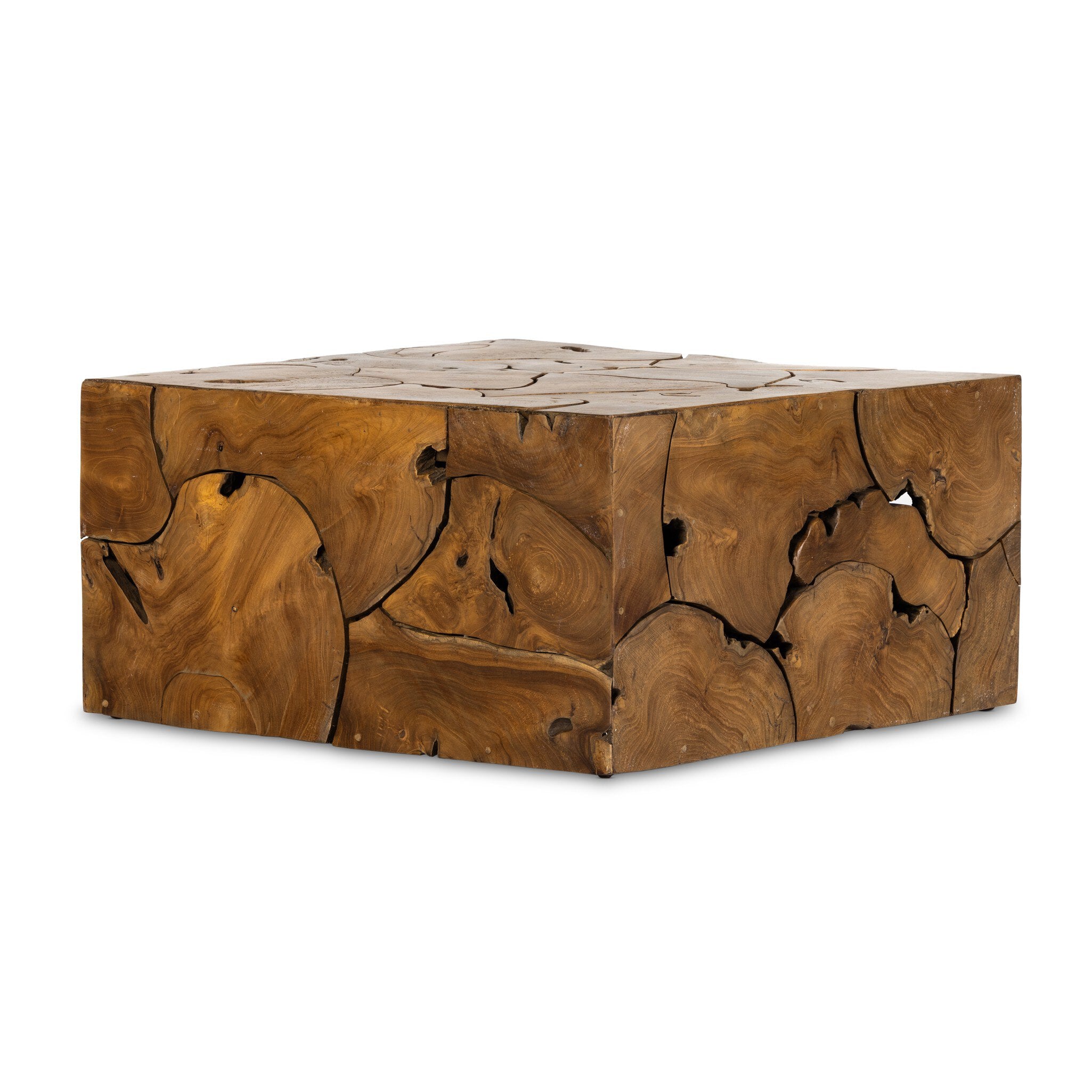 Wooden coffee table with a natural, rustic design on a white background