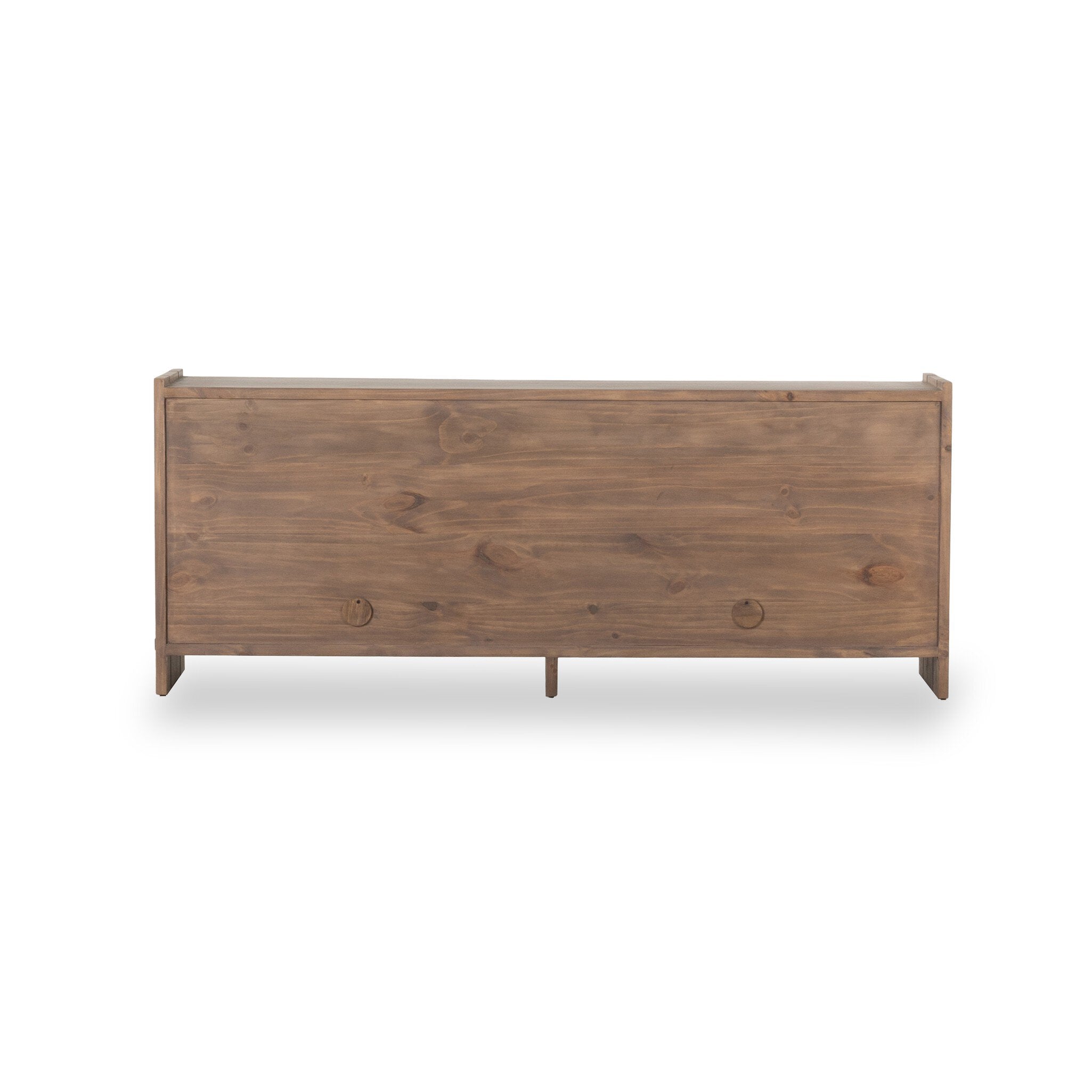 Wooden sideboard with a natural finish and cord management on a white background
